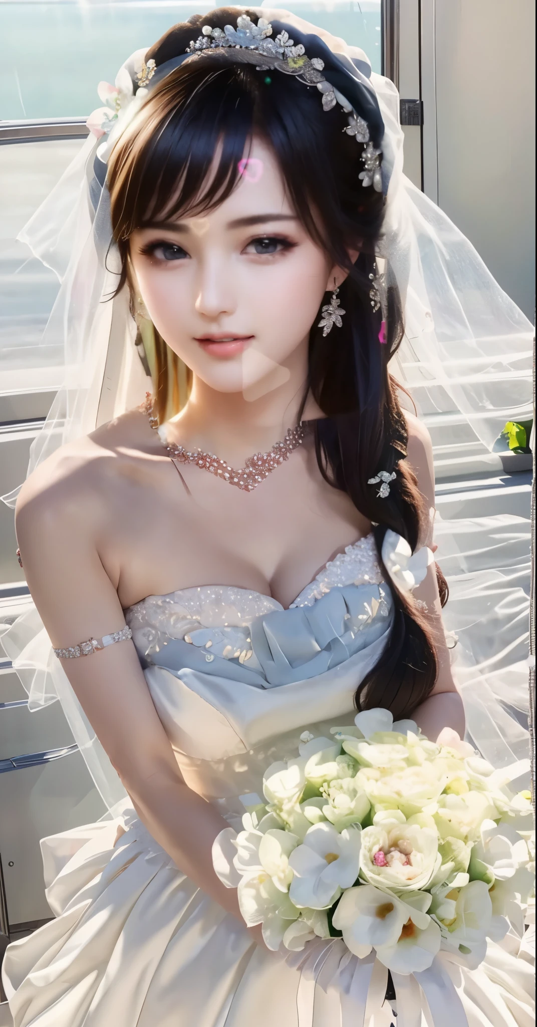 (((Pixel perfect, Perfect details))), alone, 1 girl, yuigahama yui, Close-up of beautiful bride wearing beautiful wedding dress,Gurwitz, (bridal veil:1.5),(transparent short veil:1.5),blush,eye shadow,Blushing face,Head flower,headgear,bouquet,(tube top wedding dress:1.5),(silk dress:1.2),(strapless wedding dress:1.5),pure white dress,necklace,earrings,(large breasts:1.3),Bangs,lipstick,(White long elbow gloves:1.4)