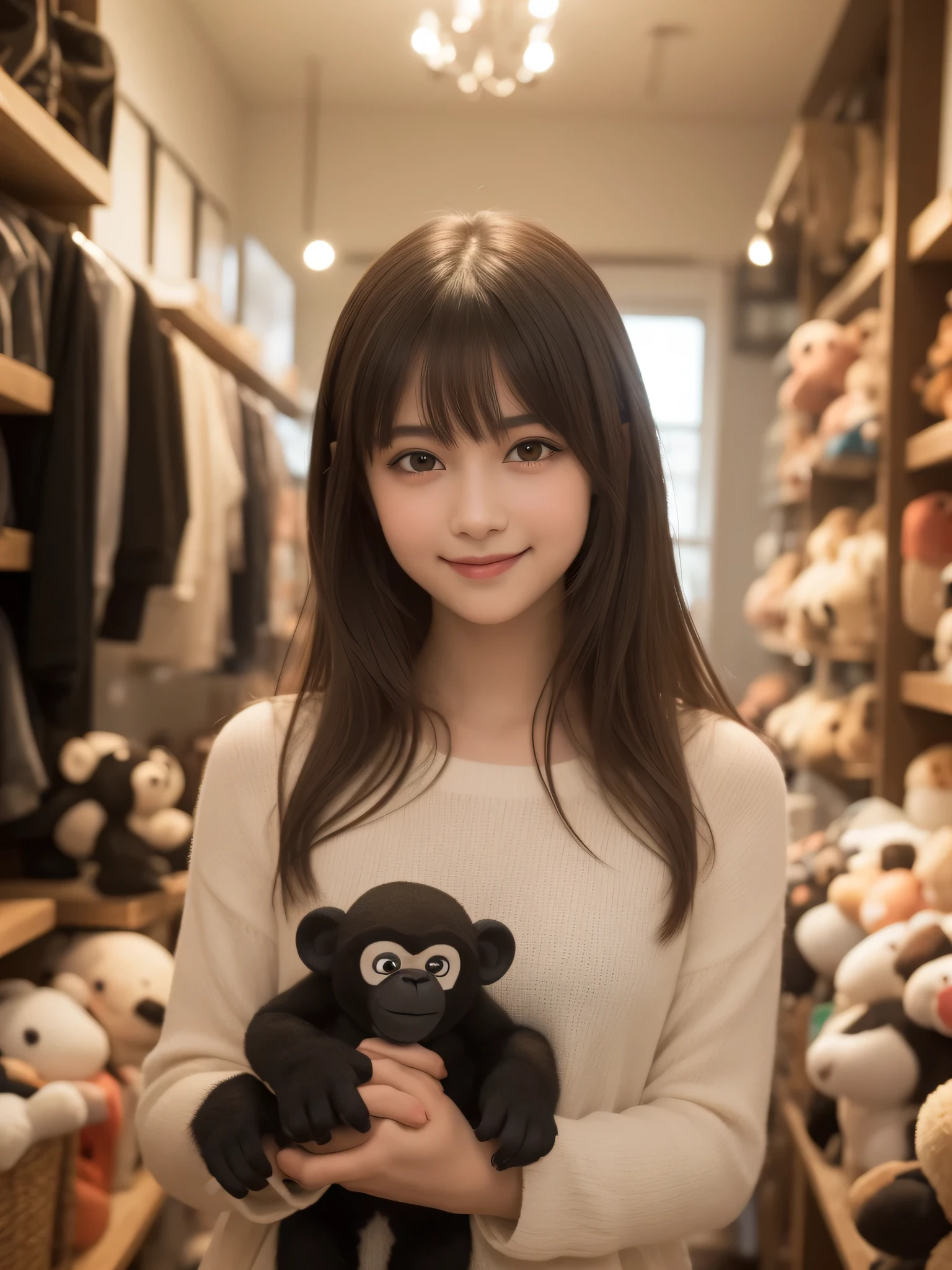 (best quality), (ultra-detailed), (llustration), (detailed light), (an extremely delicate and beautiful), 1ung girl, long hair, brown eyes, (smile slightly, Innocent and cute expression), model, Enchanting, Sublime, Ethereal, fantastic, extremely detailed CG unified 8k wallpaper, High-definition raw color photos, professional photography, indoors, (Stuffed toy shop, surrounded by lots of stuffed chimpanzee), (Bokeh), depth of fields,