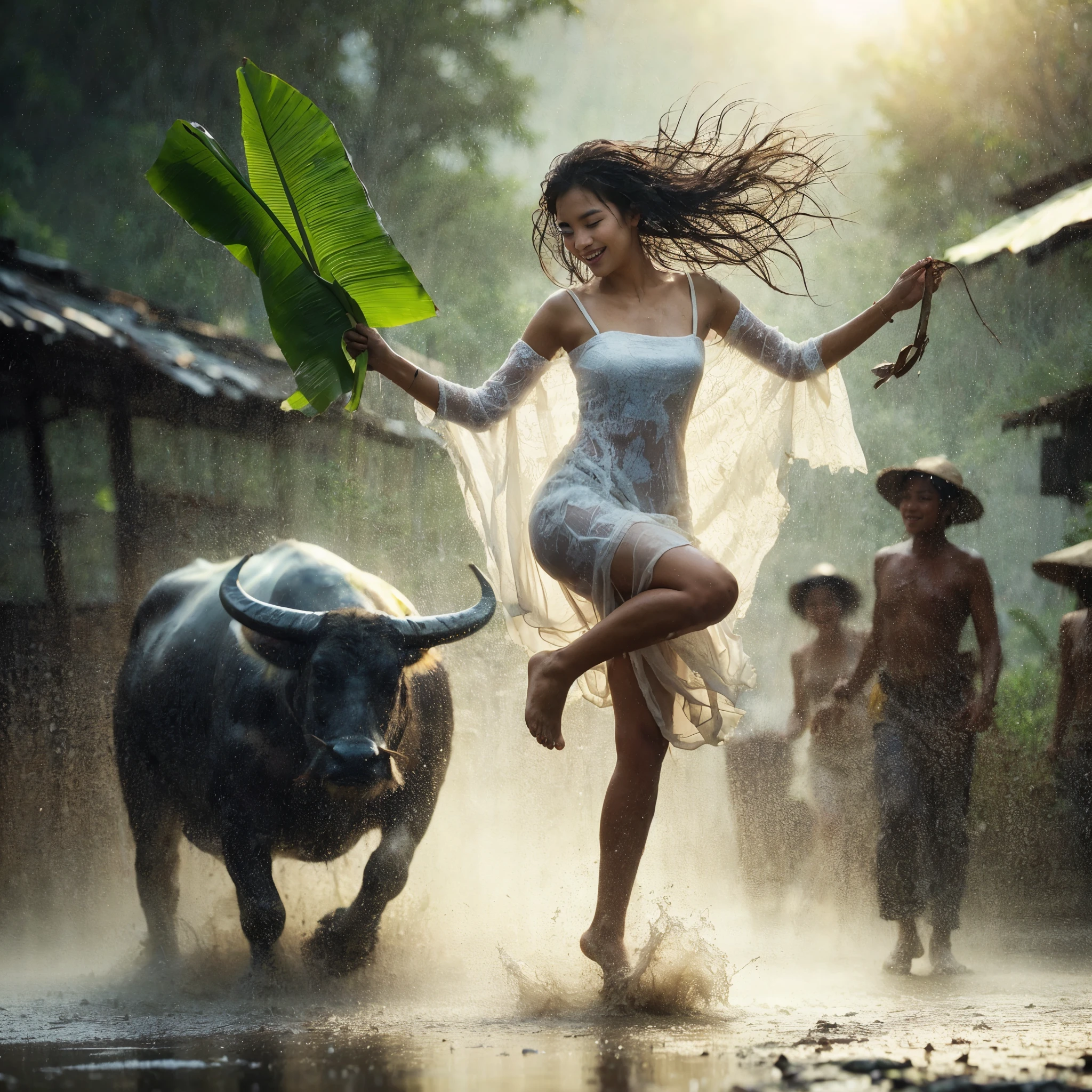 young Indonesian beautiful woman, wearing a wet white kebaya, long hair, heavy rain, right hand holding one a wide banana leaf, left hand carrying sandals, muddy road,she is high jumping and down dancing and laughing happily, the background is a farmer, a buffalo , much water splash effect. HD professional photographer, epicrealism models, atmospheric impressionism, bokeh, film dramatic realism,ultra upscale ultra detail on facial skin, soft focus realism --ar 36:61 --stylize 7