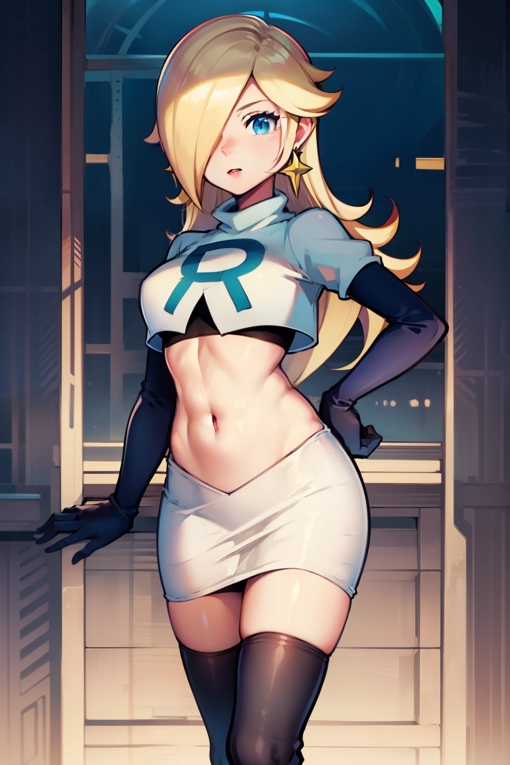 rosalina ,team rocket uniform, red letter R, white skirt,white crop top,black thigh-highs, black elbow gloves, looking at viewer, cowboy shot