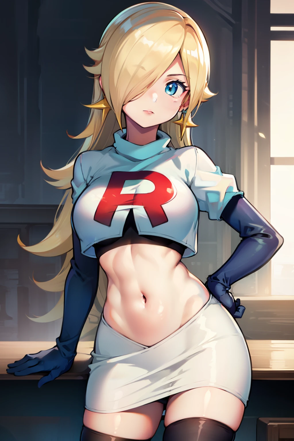 rosalina ,team rocket uniform, red letter R, white skirt,white crop top,black thigh-highs, black elbow gloves, looking at viewer, cowboy shot