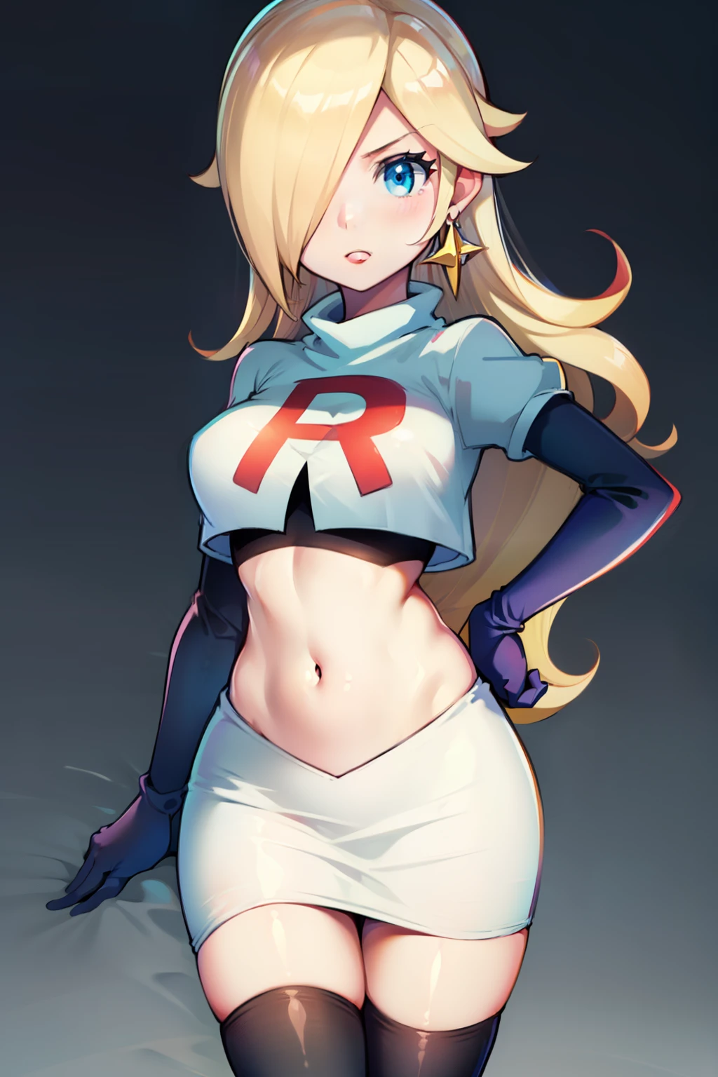 rosalina ,team rocket uniform, red letter R, white skirt,white crop top,black thigh-highs, black elbow gloves, looking at viewer, cowboy shot