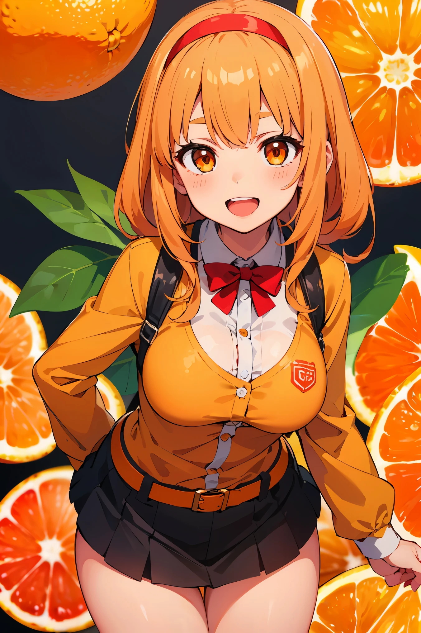 ((absurdres, highres, ultra detailed, high resolution, masterpiece, best quality, very fine 8KCG wallpapers)), 1 girl, solo, :D, ahogee, bangs, belt, blush, buttons, drill hair, eyebrows visible through hair, hairband, leaf, long hair, long sleeves, looking at viewer, medium breasts, open mouth, orange flower, orange hair, orange nails, orange theme, red bow, smile, twin drills, waitress, (sliced ​​oranges background, background with large drawing of a sliced ​​oranges:1.3), Wearing panties and a bra