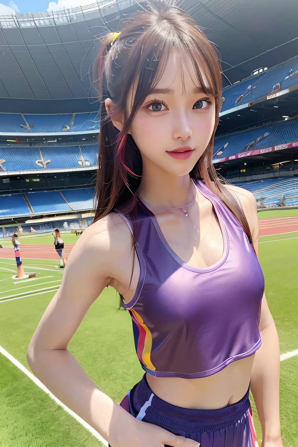 pieces fly、masterpiece、highest quality、Super detailed、High resolution、High resolution、8K portrait、unity 8k wallpaper、Detailed CG、unity 8k wallpaper、Detailed CGユニティ8kの壁紙、realistic、real person、portrait photography、shiny skin、（16 years old:1.2）、(cute:1.2)、High resolution、beautiful clear eyes、very detailed explanation、delicate face、cute face、nice lips、thin waist、thin legs、1 girl、(athletics stadium:1.5)、(flat chest:1.7)、(colorful sleeveless track and field uniform:1.5)、(abs:1.4)、(My nipples hit my clothes:1.4)、(smile)