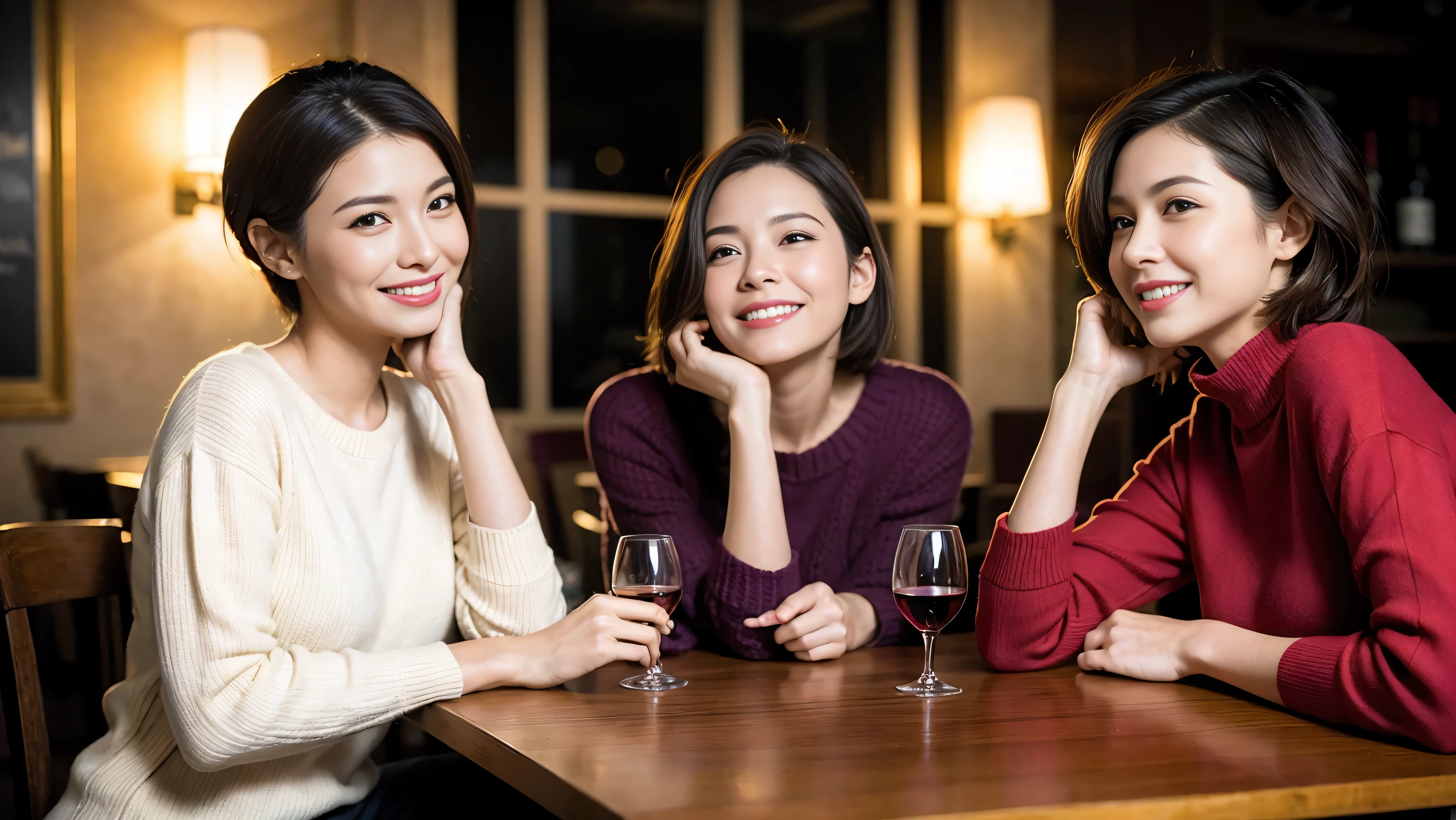 (including 64k、nffsw、highest quality、masterpiece:1.2)、(realistic、Photoreal:1.37)、Super detailed、wine glass、wine bottle、sparkling wine、while enjoying wine、mature woman、two beautiful women、(slim face)、(because I'thin)、(brown hair)、(shortcut)、Latino、smileのフランス人女性、happy italian girl、british woman、Americana、cheeks are a little red、(36 years old)、39 years old、red wine、窓の外には美しく緻密なnight景が広がります.........、restaurant、目立つ場所にあるwine glass、night、(from the waist up)、sit on top、date、(laughter:1.15)、thin and beautiful eyes、cashmere sweater、long sleeve dress、Japanese、(short hair:1.2)、Float NovaFrogStyle、、modeled、from the waist up、White wine、turned into slime、wine glass、超綺麗なnight景、wine glassを真ん中に置きます、smile、(8k、RAW photo、highest quality、masterpiece:1.2)、(realistic、Photoreal:1.37)、Super detailed、超A high resolution、2 females、see the beholder、beautiful and detailed face、laughter、narrow、(slim waist) :1.3)、knit shirt、Fine and beautiful skin、skin texture、floating hair、professional light needle breast、kind eyes