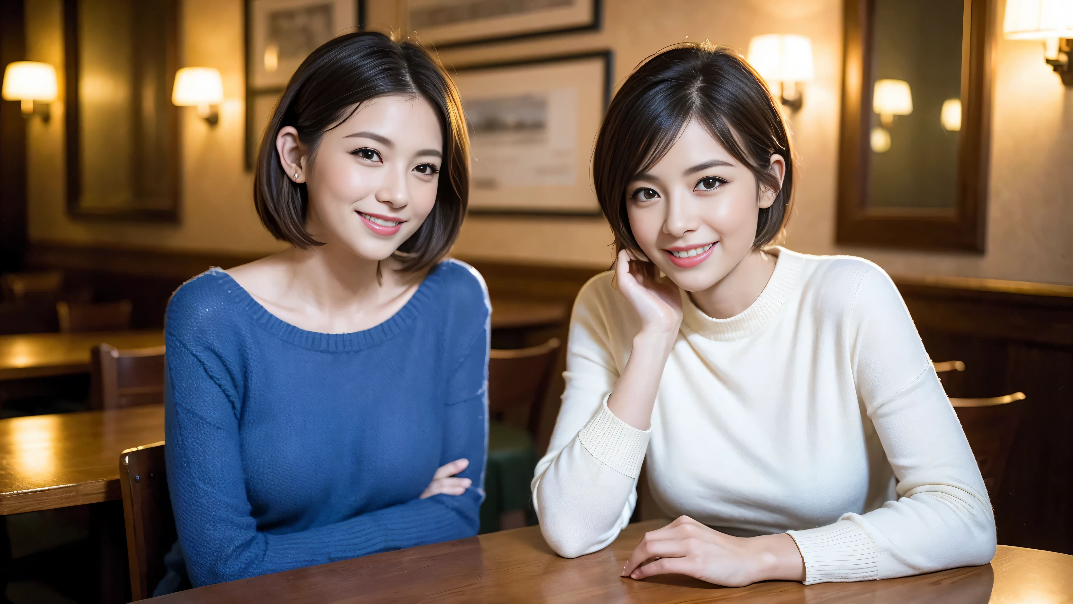 (including 64k、nffsw、highest quality、masterpiece:1.2)、(realistic、Photoreal:1.37)、Super detailed、wine glass、wine bottle、sparkling wine、while enjoying wine、mature woman、two beautiful women、(slim face)、(because I&#39;thin)、（brown hair）、(shortcut)、Latino、smileのフランス人女性、happy italian girl、british woman、Americana、cheeks are a little red、(36 years old)、39 years old、red wine、窓の外には美しく緻密なnight景が広がります.........、restaurant、目立つ場所にあるwine glass、night、(from the waist up)、sit on top、date、(laughter:1.15)、thin and beautiful eyes、cashmere sweater、long sleeve dress、Japanese、(short hair:1.2)、Float NovaFrogStyle、、modeled、from the waist up、White wine、turned into slime、wine glass、超綺麗なnight景、wine glassを真ん中に置きます、smile、(8k、RAW photo、highest quality、masterpiece:1.2)、(realistic、Photoreal:1.37)、Super detailed、超A high resolution、2 females、see the beholder、beautiful and detailed face、laughter、narrow、(slim waist) :1.3)、knit shirt、Fine and beautiful skin、skin texture、floating hair、professional light needle breast、kind eyes