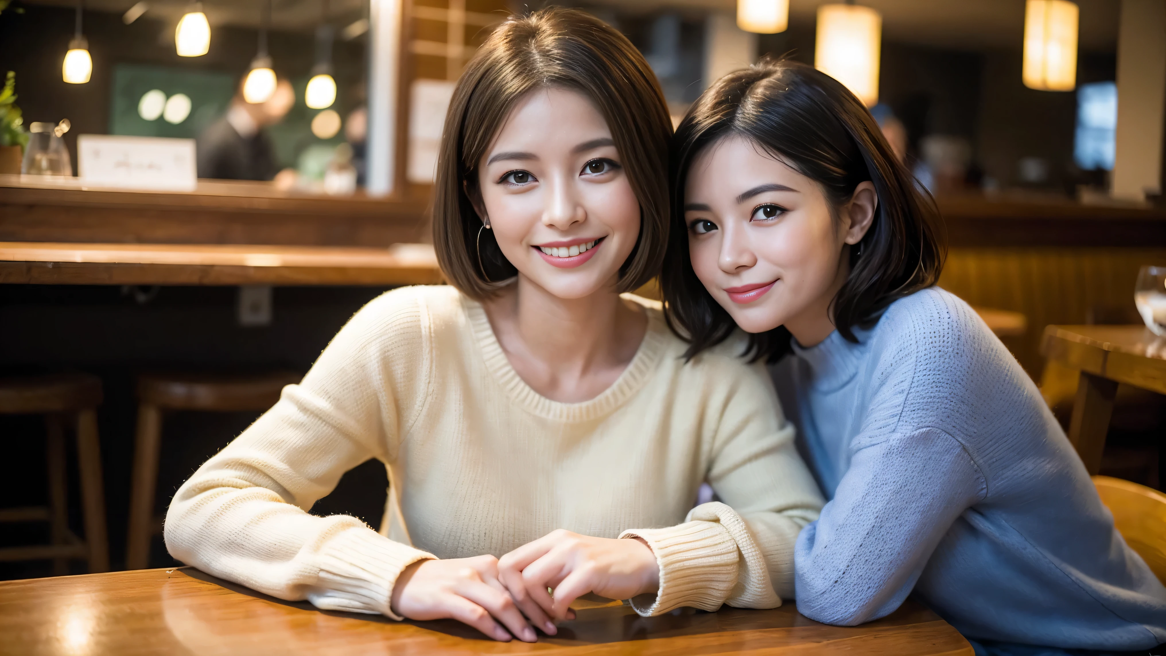 (including 64k、nffsw、highest quality、masterpiece:1.2)、(realistic、Photoreal:1.37)、Super detailed、wine glass、wine bottle、sparkling wine、while enjoying wine、mature woman、two beautiful women、(slim face)、(because I'thin)、(brown hair)、(shortcut)、Latino、smileのフランス人女性、happy italian girl、british woman、Americana、cheeks are a little red、(36 years old)、39 years old、red wine、窓の外には美しく緻密なnight景が広がります.........、restaurant、目立つ場所にあるwine glass、night、(from the waist up)、sit on top、date、(laughter:1.15)、thin and beautiful eyes、cashmere sweater、long sleeve dress、Japanese、(short hair:1.2)、Float NovaFrogStyle、、modeled、from the waist up、White wine、turned into slime、wine glass、超綺麗なnight景、wine glassを真ん中に置きます、smile、(8k、RAW photo、highest quality、masterpiece:1.2)、(realistic、Photoreal:1.37)、Super detailed、超A high resolution、2 females、see the beholder、beautiful and detailed face、laughter、narrow、(slim waist) :1.3)、knit shirt、Fine and beautiful skin、skin texture、floating hair、professional light needle breast、kind eyes