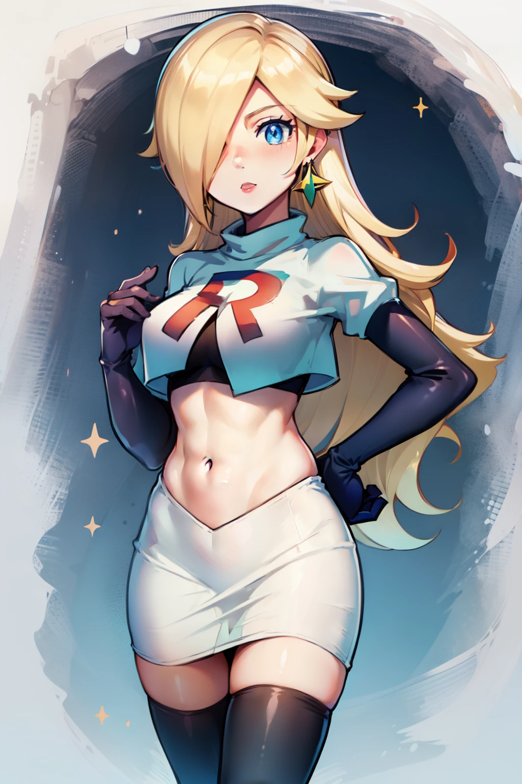 rosalina ,team rocket uniform, red letter R, white skirt,white crop top,black thigh-highs, black elbow gloves, looking at viewer, cowboy shot