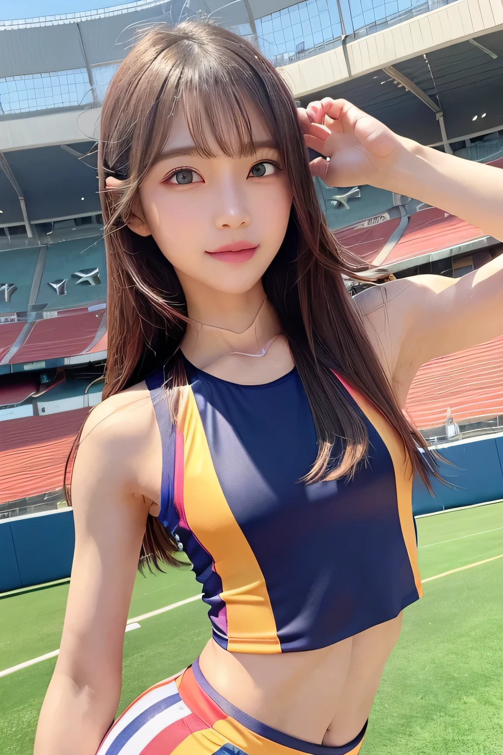 pieces fly、masterpiece、highest quality、Super detailed、High resolution、High resolution、8K portrait、Unity 8k壁紙のHigh resolutionCG、unity 8k wallpaper、cute:1.5、:1.5、Highly detailed CG unity 8k wallpaper、realistic、real person、cute、 portrait photography、shiny skin、High resolution、(20-year-old:1.2)、(1 girl)、beautiful clear eyes、very detailed explanation、delicate face、nice lips、slender body、thin waist、long and thin legs、(athletics stadium:1.3)、(small breasts:1.4)、(Colorful sleeveless track and field uniform:1.4)、(The nipples are transparent:1.4)、(smile:1.2)、(abs:1.4)、(take a pose:1.3)