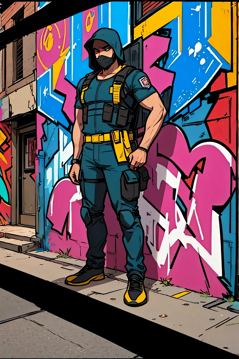 A page from a a comic book magazine with many plots, a comic book style, street style teens paint graffiti on the walls of the old city, street style teens hide from the police, (street style teens:1.2055), (graffiti:1.455), (a comic:1.3), A high resolution, High detail