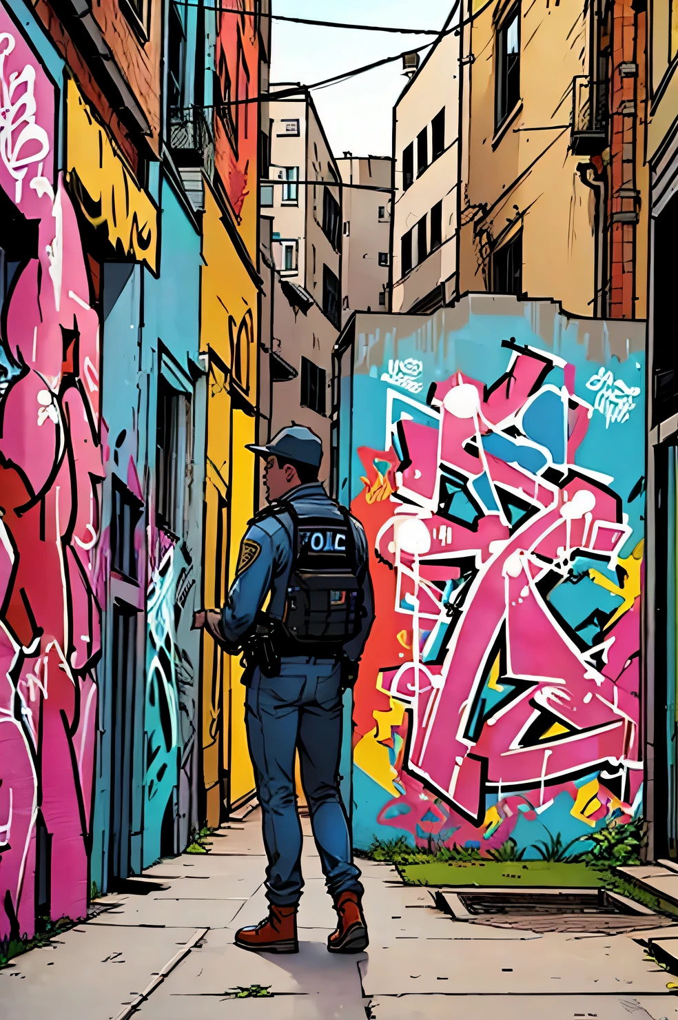 A page from a a comic book magazine with many plots, a comic book style, street style teens paint graffiti on the walls of the old city, street style teens hide from the police, (street style teens:1.2055), (graffiti:1.455), (a comic:1.3), A high resolution, High detail