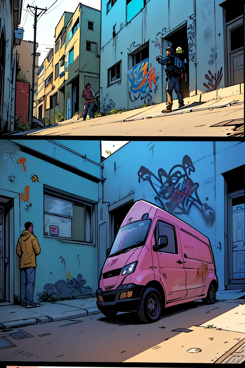  page from a a comic book magazine with many plots, a comic book style, street style teens paint graffiti on the walls of the old city, street style teens hide from the police, (street style teens:1.2055), (graffiti:1.455), (a comic:1.3), A high resolution, High detail