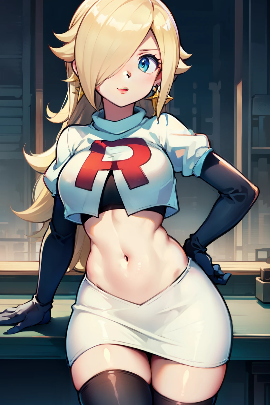 rosalina ,team rocket uniform, red letter R, white skirt,white crop top,black thigh-highs, black elbow gloves, looking at viewer, cowboy shot