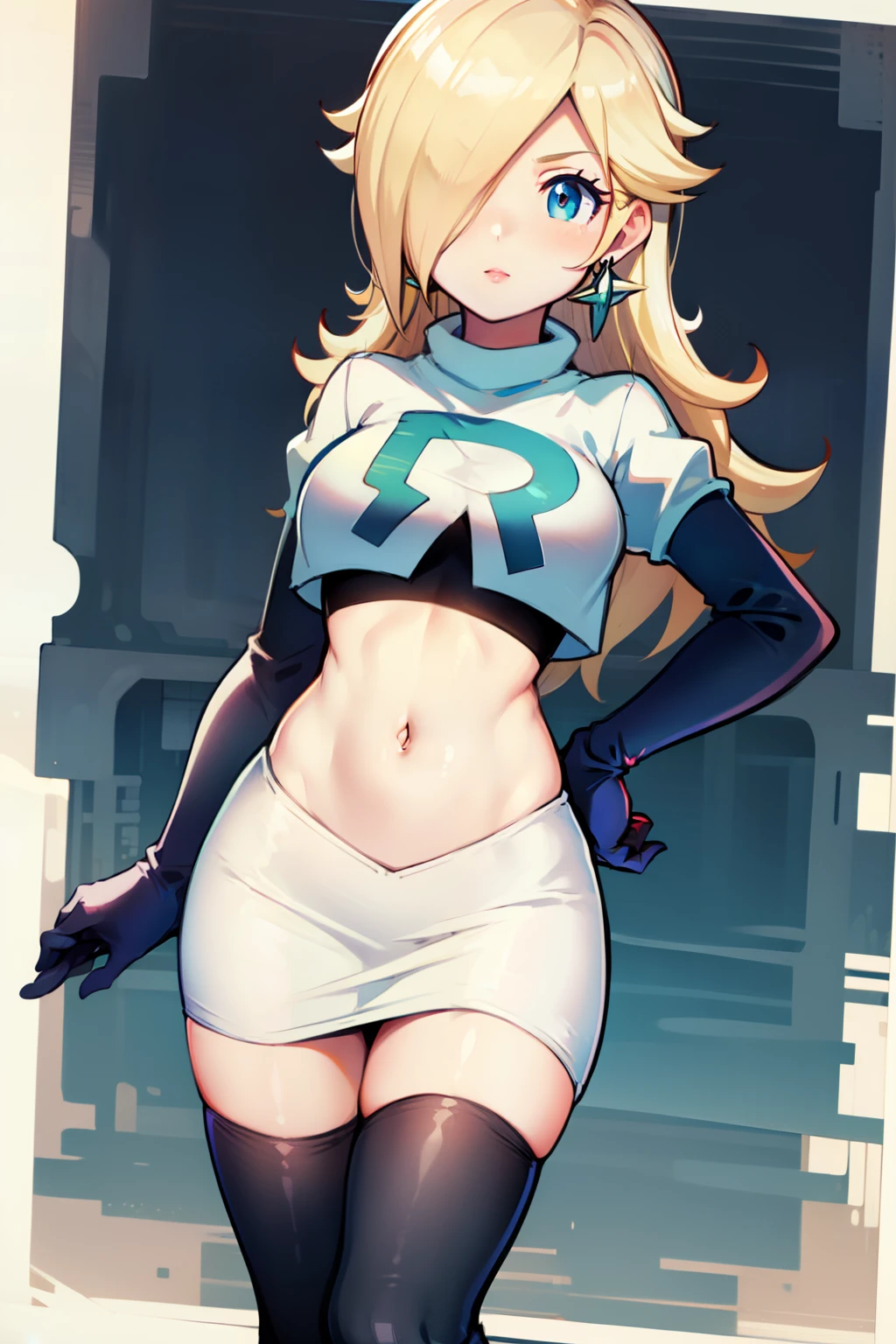 rosalina ,team rocket uniform, red letter R, white skirt,white crop top,black thigh-highs, black elbow gloves, looking at viewer, cowboy shot