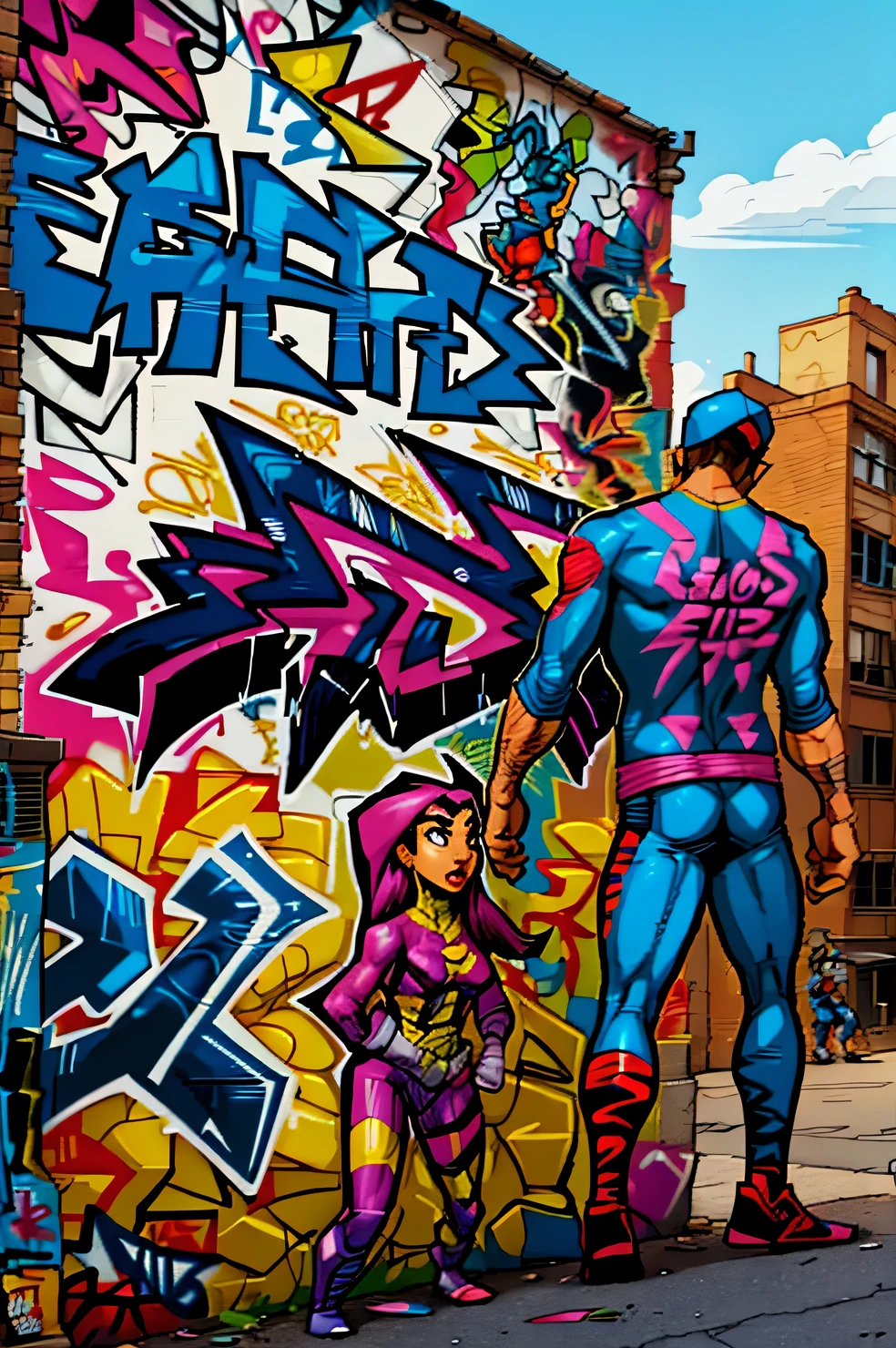  page from a a comic book magazine with many plots, a comic book style, street style teens paint graffiti on the walls of the old city, street style teens hide from the police, (street style teens:1.2055), (graffiti:1.455), (a comic:1.3), A high resolution, High detail