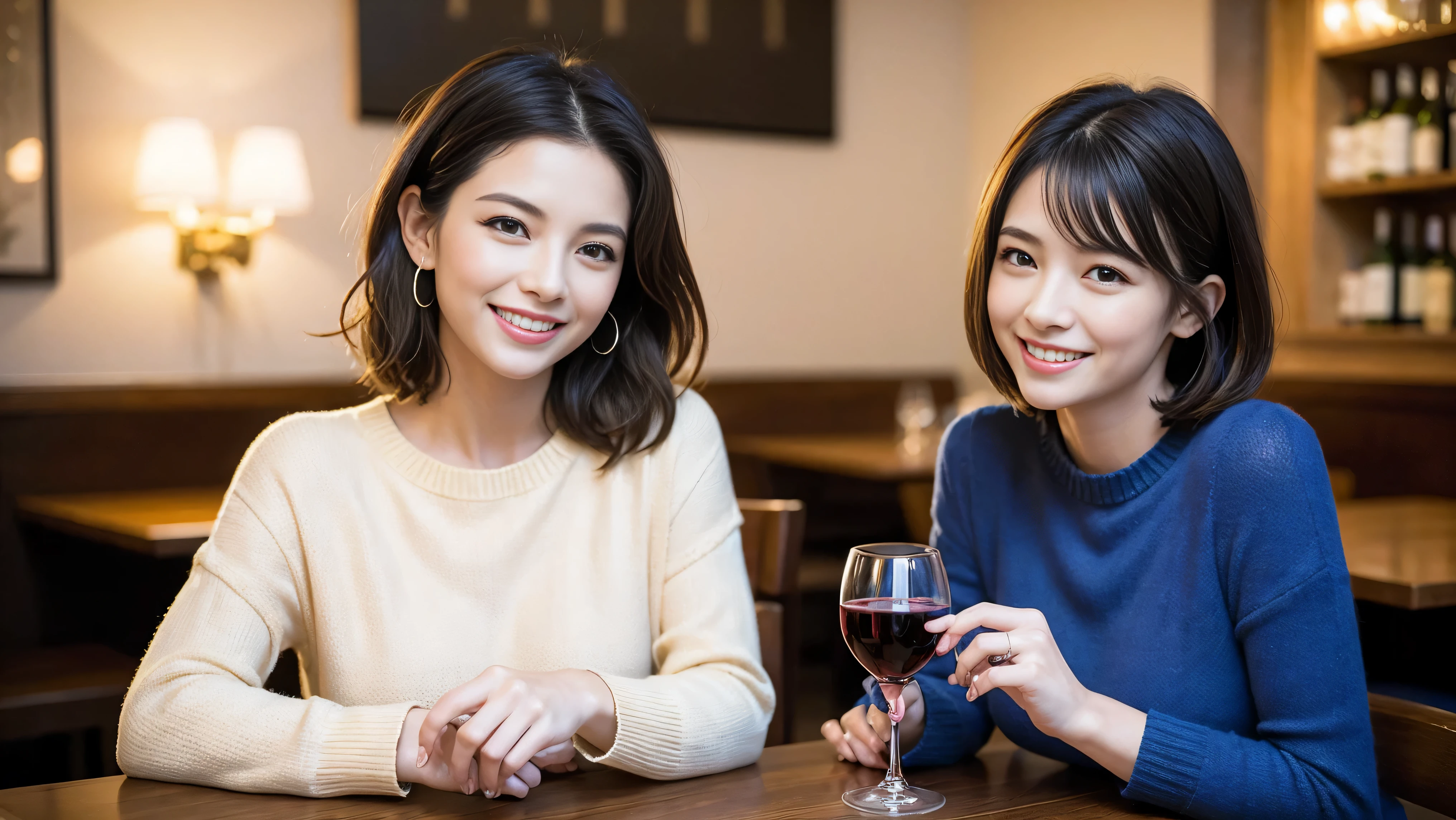 (including 64k、nffsw、highest quality、masterpiece:1.2)、(realistic、Photoreal:1.37)、Super detailed、wine glass、wine bottle、sparkling wine、while enjoying wine、mature woman、two beautiful women、(slim face)、(because I&#39;thin)、（brown hair）、(shortcut)、Latino、smileのフランス人女性、happy italian girl、british woman、Americana、cheeks are a little red、(38 years)、42 years old、red wine、窓の外には美しく緻密なnight景が広がります.......、restaurant、目立つ場所にあるwine glass、night、(from the waist up)、sit on top、date、(laughter:1.15)、thin and beautiful eyes、cashmere sweater、long sleeve dress、Japanese、(short hair:1.2)、Float NovaFrogStyle、、modeled、from the waist up、White wine、turned into slime、wine glass、超綺麗なnight景、wine glassを真ん中に置きます、smile、(8k、RAW photo、highest quality、masterpiece:1.2)、(realistic、Photoreal:1.37)、Super detailed、ultra high resolution、2 females、see the beholder、beautiful and detailed face、laughter、narrow、(slim waist) :1.3)、knit shirt、Fine and beautiful skin、skin texture、floating hair、professional light needle breast、kind eyes