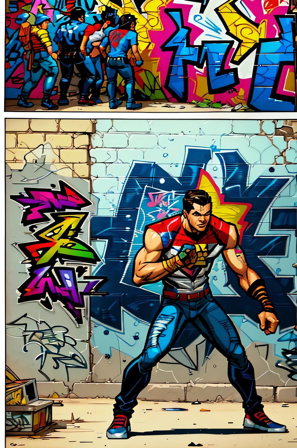  page from a a comic book magazine with many plots, a comic book style, street style teens paint graffiti on the walls of the old city, street style teens hide from the police, (street style teens:1.2055), (graffiti:1.455), (a comic:1.3), A high resolution, High detail