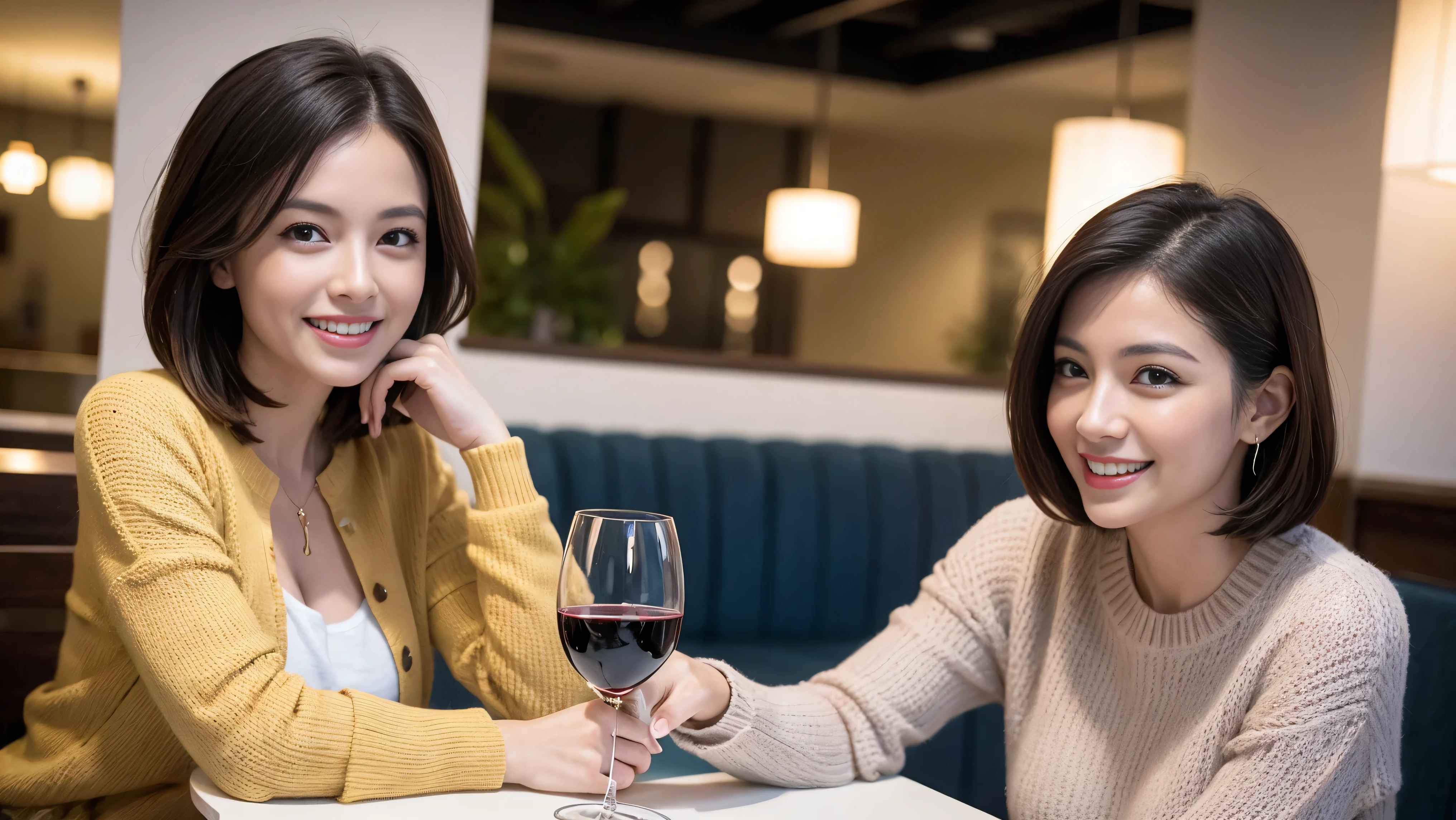 (including 64k、nffsw、highest quality、masterpiece:1.2)、(realistic、Photoreal:1.37)、Super detailed、wine glass、wine bottle、sparkling wine、while enjoying wine、mature woman、two beautiful women、(slim face)、(because I'thin)、(brown hair)、(shortcut)、Latino、smileのフランス人女性、happy italian girl、british woman、Americana、cheeks are a little red、(38 years)、42 years old、red wine、窓の外には美しく緻密なnight景が広がります.......、restaurant、目立つ場所にあるwine glass、night、(from the waist up)、sit on top、date、(laughter:1.15)、thin and beautiful eyes、cashmere sweater、long sleeve dress、Japanese、(short hair:1.2)、Float NovaFrogStyle、、modeled、from the waist up、White wine、turned into slime、wine glass、超綺麗なnight景、wine glassを真ん中に置きます、smile、(8k、RAW photo、highest quality、masterpiece:1.2)、(realistic、Photoreal:1.37)、Super detailed、ultra high resolution、2 females、see the beholder、beautiful and detailed face、laughter、narrow、(slim waist) :1.3)、knit shirt、Fine and beautiful skin、skin texture、floating hair、professional light needle breast、kind eyes
