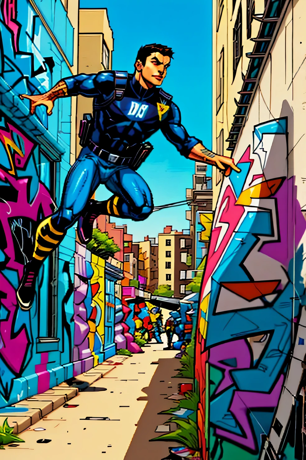  page from a a comic book magazine with many plots, a comic book style, street style teens paint graffiti on the walls of the old city, street style teens hide from the police, (street style teens:1.2055), (graffiti:1.455), (a comic:1.3), A high resolution, High detail