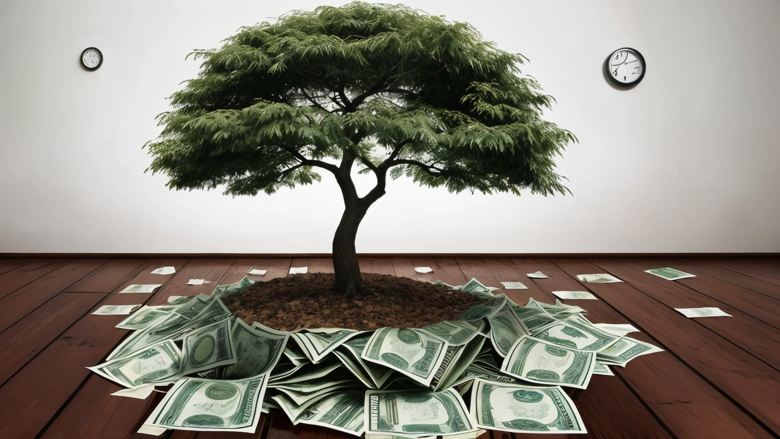 A once-vibrant money tree wilts and shrinks amidst a pile of withered bills. This somber image prompts reflection on the impermanence of wealth, the value of sustainable practices, and the consequences of unchecked materialism.