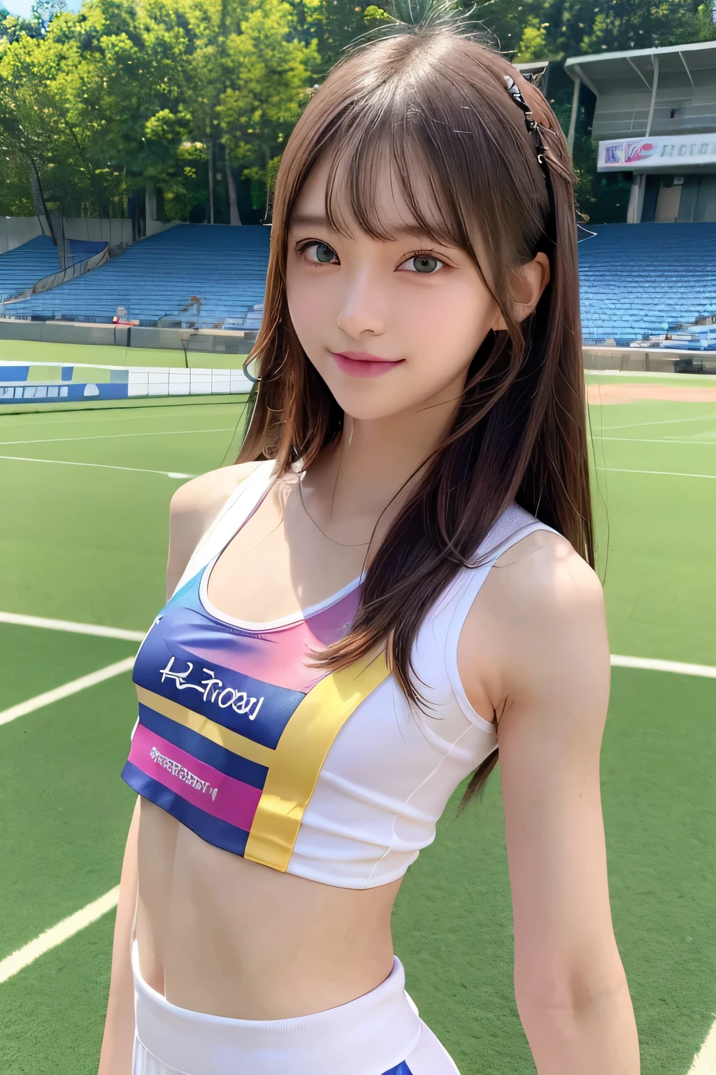 pieces fly、masterpiece、highest quality、Super detailed、High resolution、High resolution、8K portrait、Unity 8k壁紙のHigh resolutionCG、unity 8k wallpaper、cute:1.5、:1.5、Highly detailed CG unity 8k wallpaper、realistic、real person、cute、 portrait photography、shiny skin、High resolution、(20-year-old:1.2)、(1 girl)、beautiful clear eyes、very detailed explanation、delicate face、nice lips、slender body、thin waist、long and thin legs、(athletics stadium:1.3)、(small breasts:1.4)、(Colorful sleeveless track and field uniform:1.4)、(The nipples are transparent:1.4)、(smile:1.2)、(abs:1.4)、(take a pose:1.3)、(flat chest:1.4)