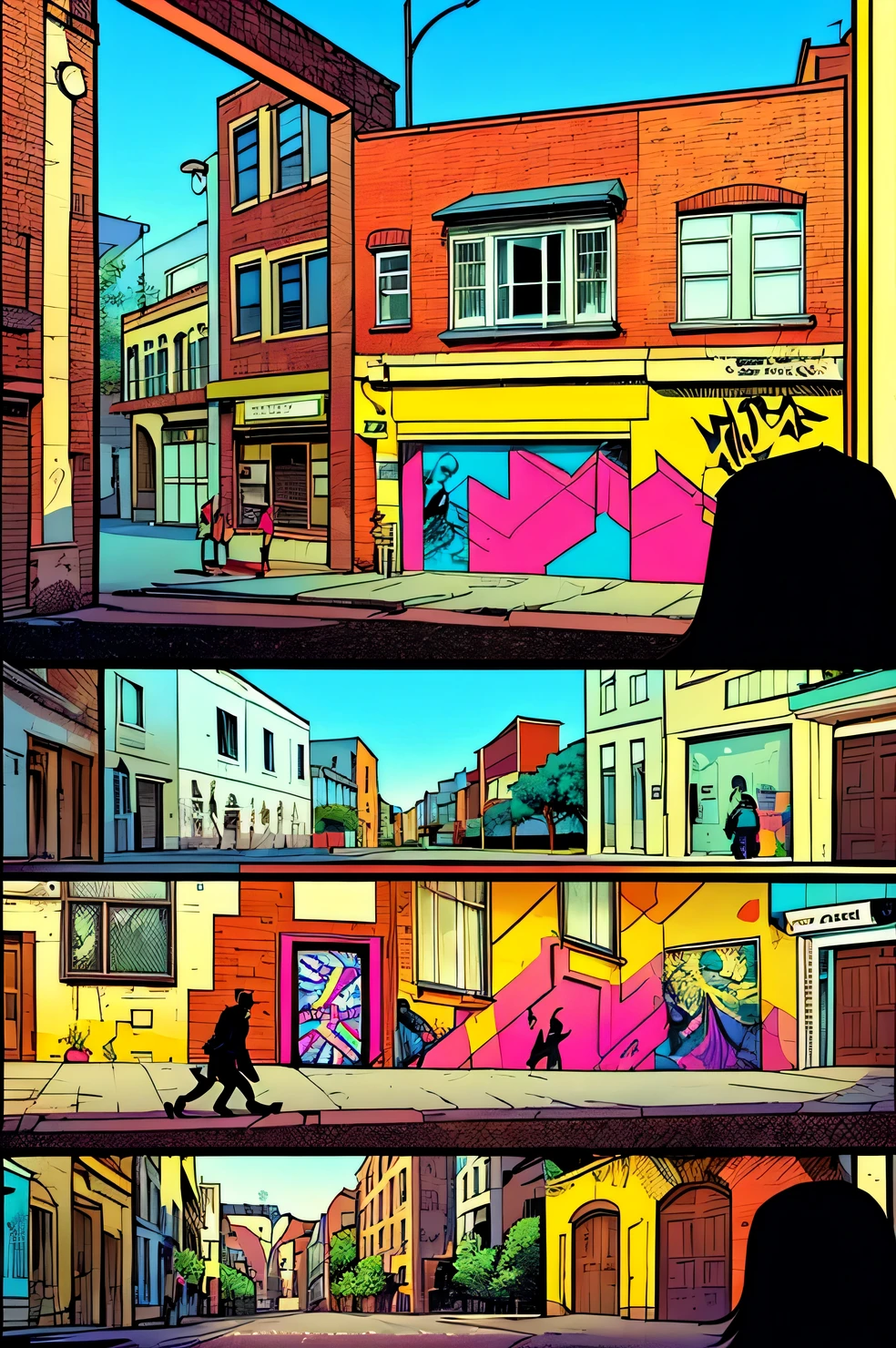 (1 page a comic with lots of street style and graffiti themes), page from a a comic book magazine with many plots, a comic book style, street style s paint graffiti on the walls of the old city, street style teende from the police, (street style teens:1.), (graffiti:1.455), (a comic:1.3), A high resolution, High detail, Multiple images in one frame, Action storyboard, Best quality, самое A high resolution, Extreme detail, maximum resolution