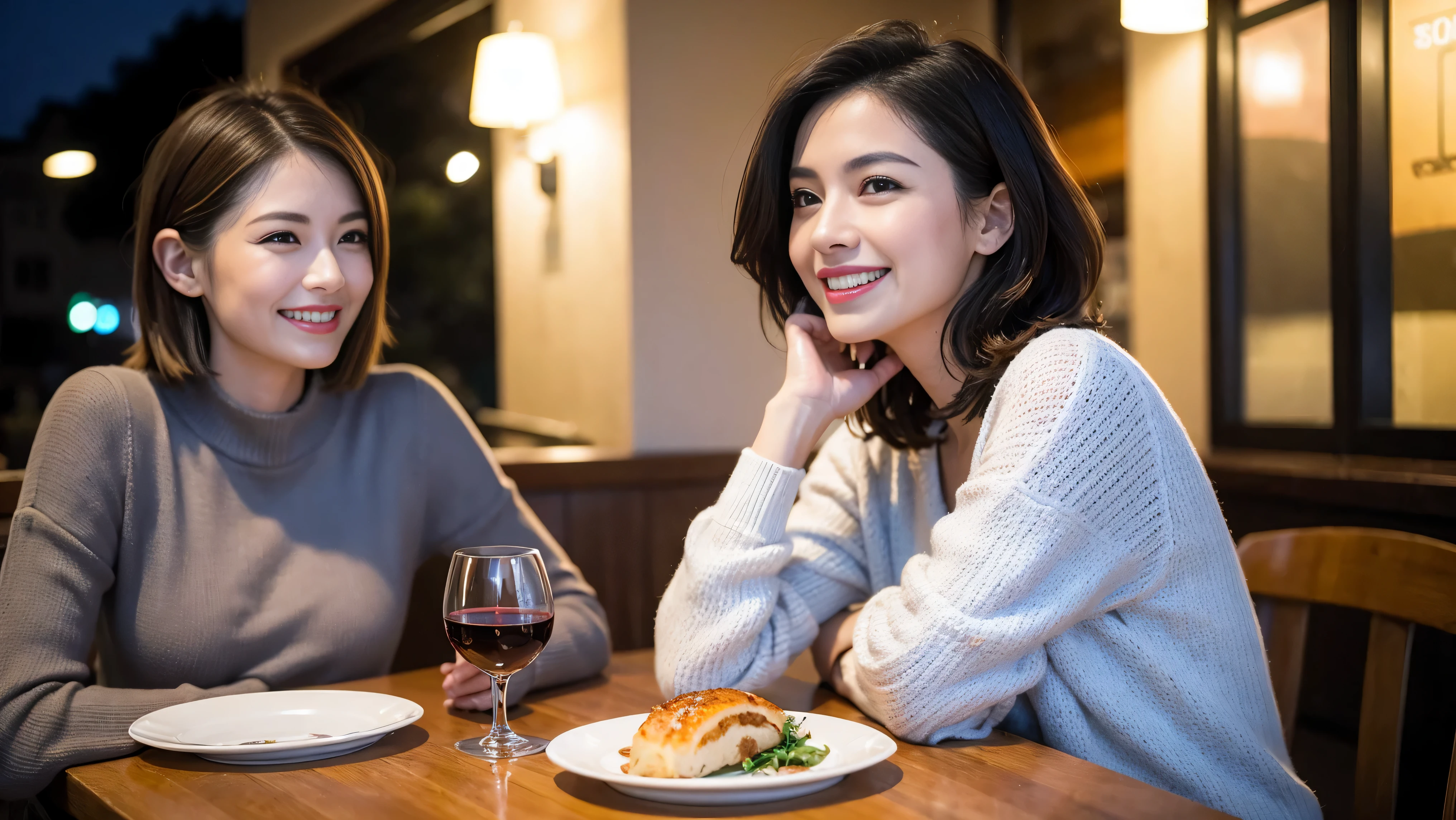 (including 64k、nffsw、highest quality、masterpiece:1.2)、(realistic、Photoreal:1.37)、Super detailed、White wine、red wine、wine glass、wine bottle、sparkling wine、liquor,while enjoying wine、mature woman、two beautiful women、(slim face)、(because I&#39;thin)、（brown hair）、(shortcut)、Latino、smileのフランス人女性、happy italian girl、british woman、Americana、cheeks are a little red、(38 years)、42 years old、35 years old、red wine、窓の外には美しく緻密なnight景が広がります.......、restaurant、目立つ場所にあるwine glass、night、(from the waist up)、sit on top、date、(laughter:1.15)、thin and beautiful eyes、cashmere sweater、long sleeve dress、Japanese、(short hair:1.2)、Float NovaFrogStyle、、modeled、from the waist up、White wine、turned into slime、wine glass、超綺麗なnight景、wine glassを真ん中に置きます、smile、(8k、RAW photo、highest quality、masterpiece:1.2)、(realistic、Photoreal:1.37)、Super detailed、ultra high resolution、2 females、see the beholder、beautiful and detailed face、laughter、narrow、(slim waist) :1.3)、knit shirt、Fine and beautiful skin、skin texture、floating hair、professional light needle breast、kind eyes