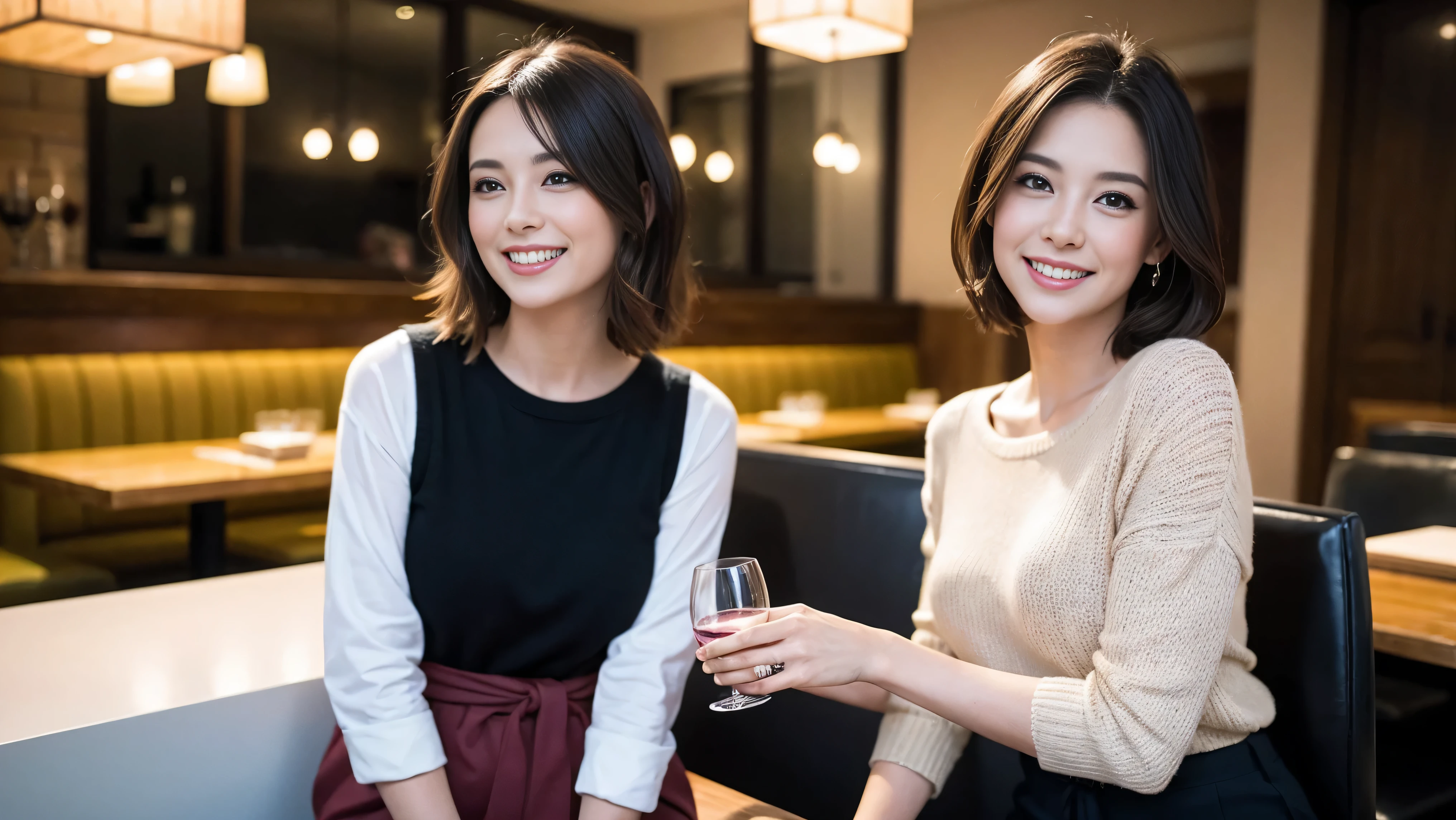 ((Highest quality、8k、masterpiece:1.3))、Slim Couple、Model Couple、(Realistic, Intricate details:1.2), full-course dinner、wine 、Amazing view of the sunset sky and clouds、A bright smile、The wonderfulness of smiles、Bright image、wineの美しさ, Beautiful Face, blue eyes, The light shines on your face, blush, short hair,Bright Face、 (Age 35), 38 years old, 赤wine 、Appetizers、Italian food、wine bottle、Champagne、スパークリングwine、Two beauties、Brown Hair、Shortcuts、Long sleeve shirt、dress、Two beautiful women
