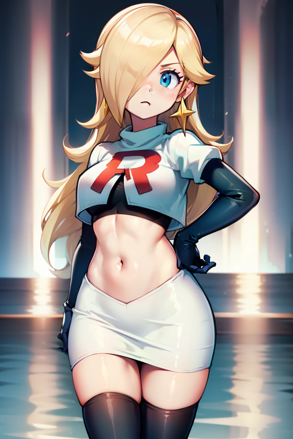 rosalina ,team rocket uniform, red letter R, white skirt,white crop top,black thigh-highs, black elbow gloves, looking at viewer, cowboy shot