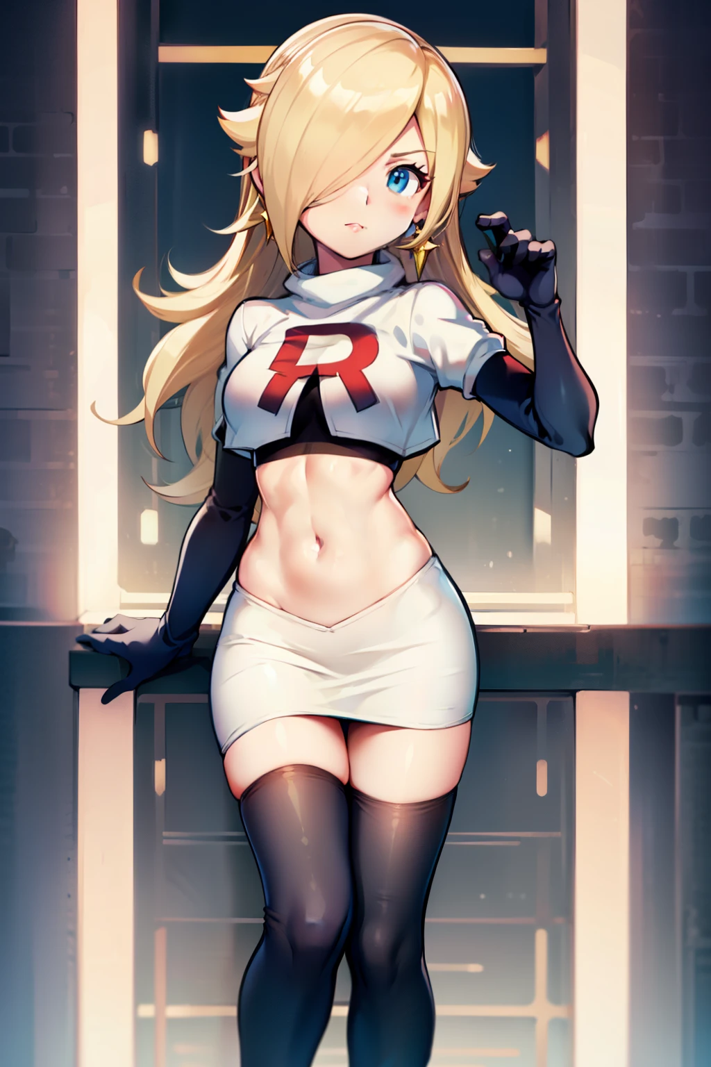 rosalina ,team rocket uniform, red letter R, white skirt,white crop top,black thigh-highs, black elbow gloves, looking at viewer, cowboy shot