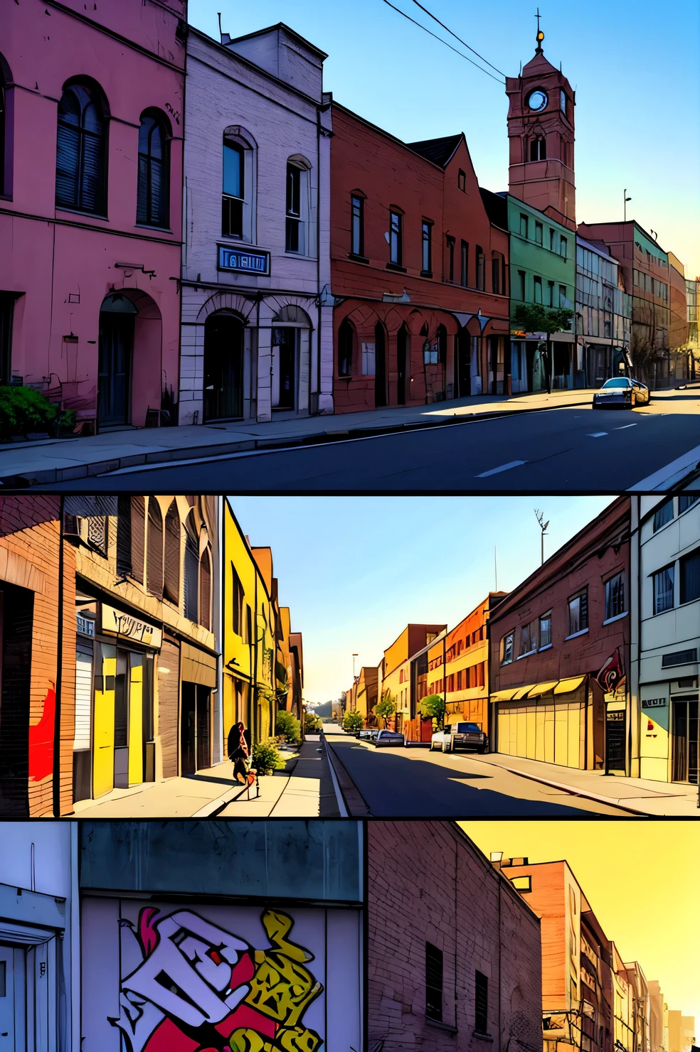 (1 page a comic with lots of street style and graffiti themes), page from a a comic book magazine with many plots, a comic book style, street style teens paint graffiti on the walls of the old city, street style teens hide from the police, (street style teens:1.2055), (graffiti:1.455), (a comic:1.3), A high resolution, High detail, Multiple images in one frame, Action storyboard, Best quality, самое A high resolution, Extreme detail, maximum resolution