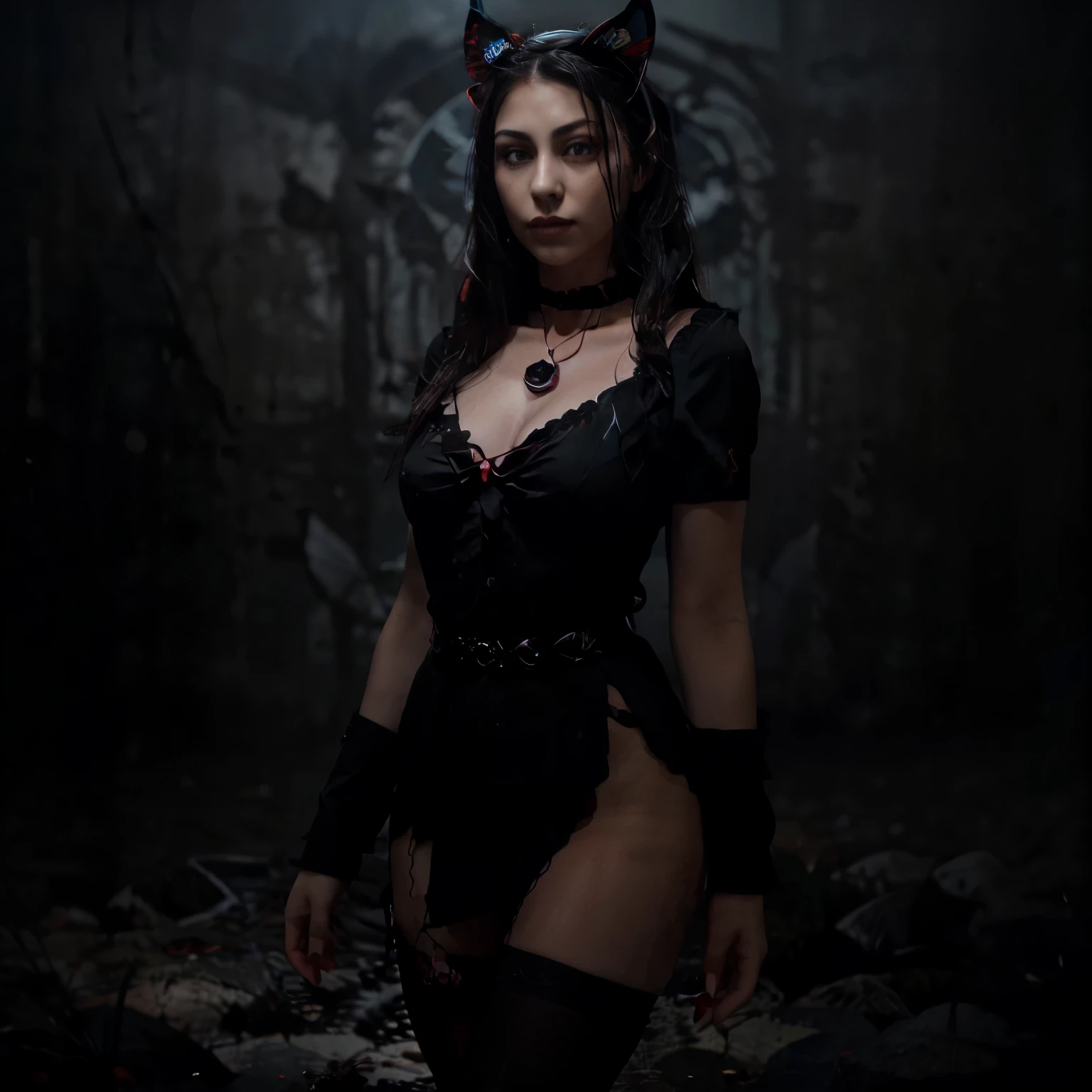 Expressionless,,(Dark Fantasy),((Wonderful Illustration)),(Detail Splash), long black hair, red pupils, girl, pure black dress, only the collar, cuffs and skirt are dark red, ears Pinned to the side is a red butterfly barrette, masterpiece, best quality, high quality, headpiece,, red and black crystal necklace, black knee socks