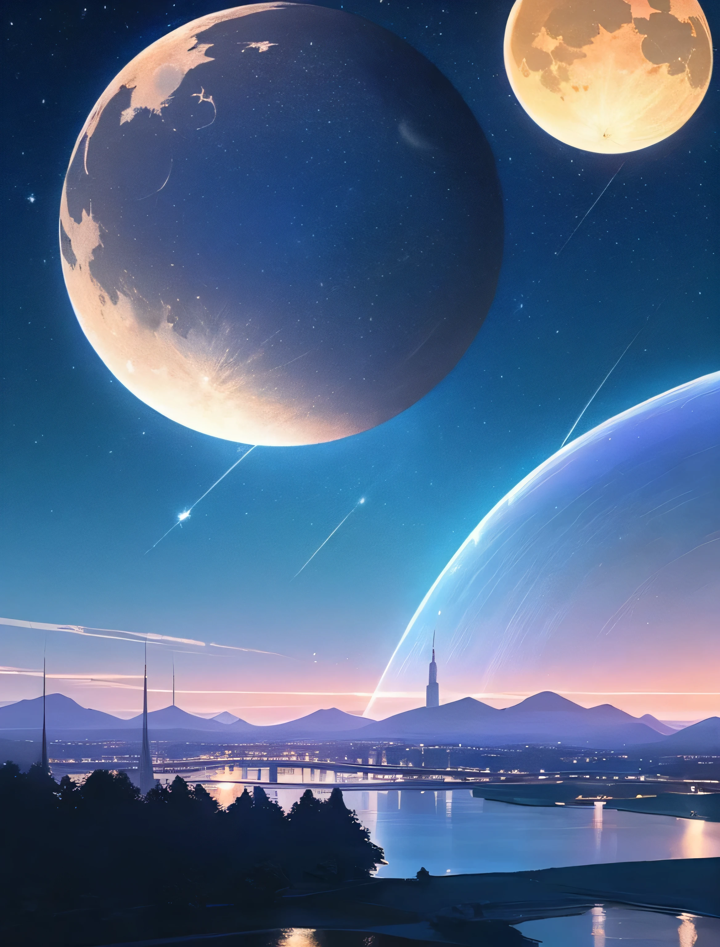空に星と月を持つ川of絵、of、Skyscraper、Concept art inspired by Mitsuoki Tosa、pixiv contest winner、highest quality、fantasy art、美しいアニメofシーン、bright moon、月明かりに照らされた星of環境、夢of絵、アニメof背景アート、fantasy landscape art、ファンタジーof騎士、アニメof背景、background artwork、great art、雰囲気ofあるアニメ、starry sky、Detail has been enhanced。