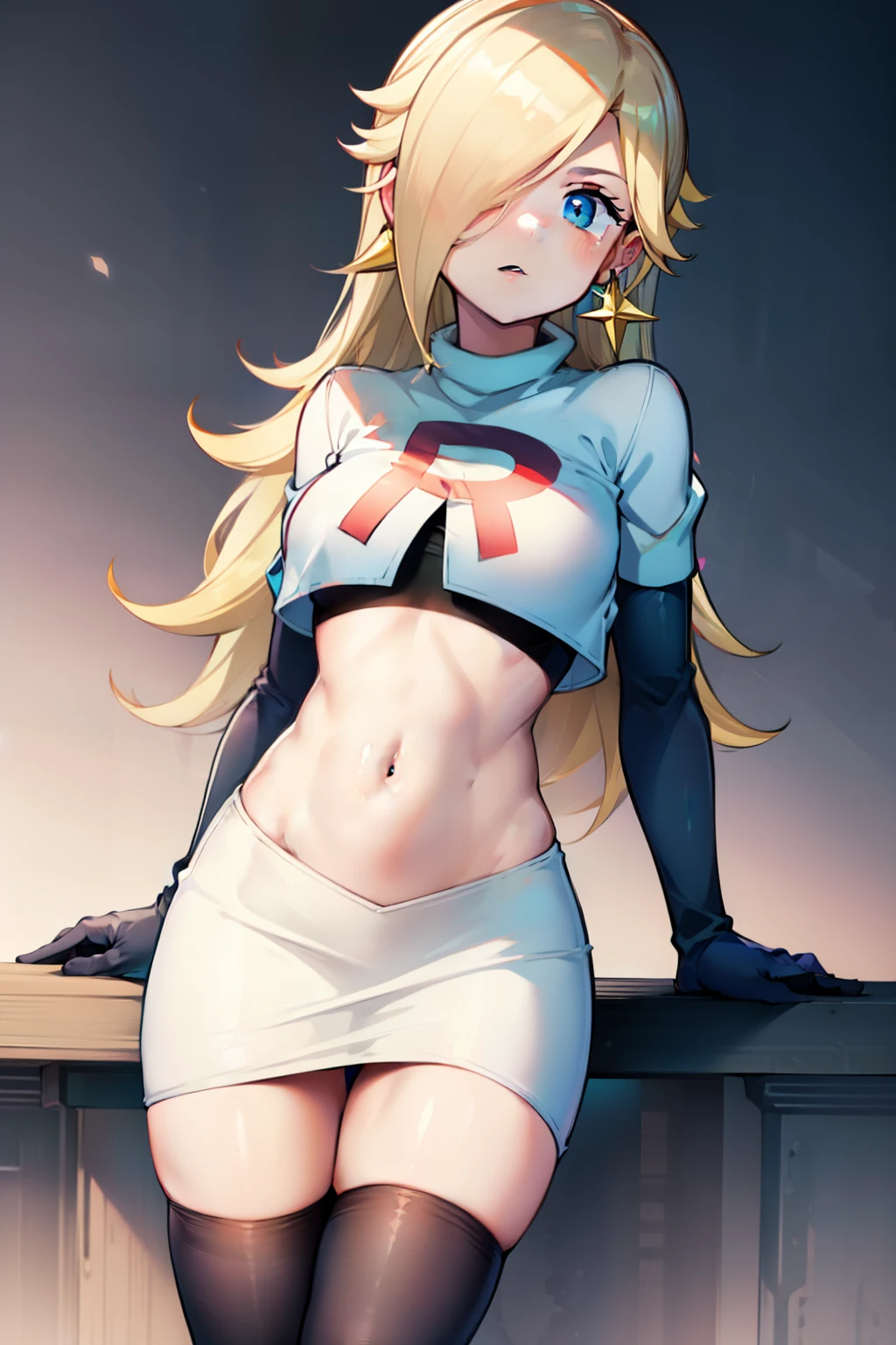 rosalina ,team rocket uniform, red letter R, white skirt,white crop top,black thigh-highs, black elbow gloves, looking at viewer, cowboy shot