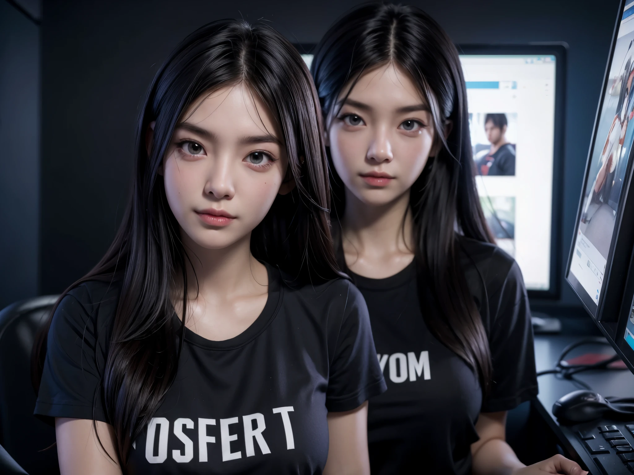 (masterpiece, best quality:1.2), , big breasted, cosplay catgirl, long straight black hair, only wearing boyfriend's t-shirt and tiny underwear, sitting in front of her streaming computer playing a video game as guys watch her online, anime, detailed eyes, hard nipples, sleek design, professional, cool tones, atmospheric lighting, highres, ultra-detailed, detailed body,  (detailed), perfect face, 8k, 