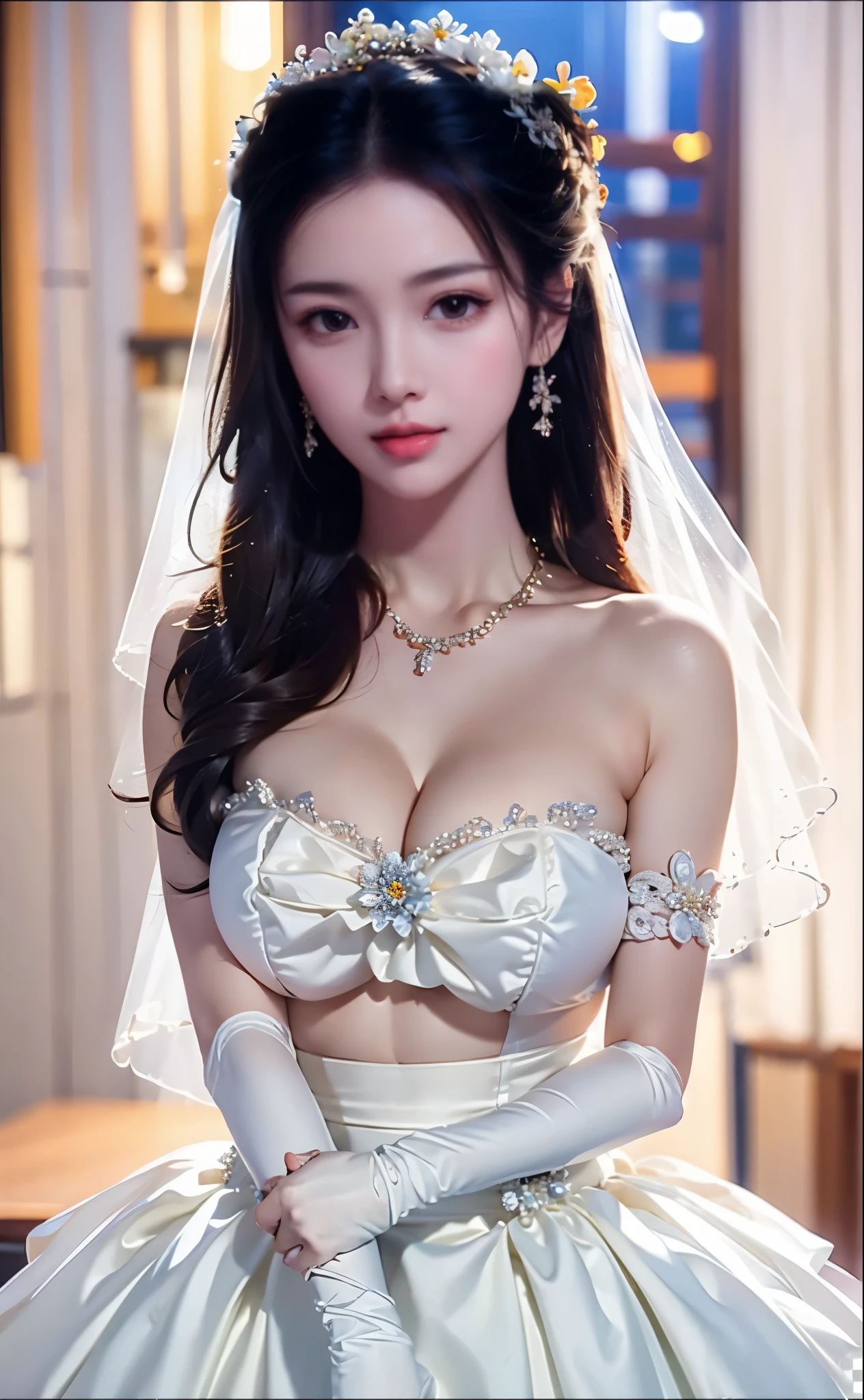 (((Pixel perfect, Perfect details))), alone, 1 girl, yuigahama yui, Close-up of beautiful bride wearing beautiful wedding dress,Gurwitz, (bridal veil:1.5),(transparent short veil:1.5),blush,eye shadow,Blushing face,Head flower,headgear,bouquet,(tube top wedding dress:1.5),(silk dress:1.2),(strapless wedding dress:1.5),pure white dress,necklace,earrings,(large breasts:1.3),Bangs,lipstick,(White long elbow gloves:1.4),whole body照,High-detail RAW color art,White long skirt,whole body,