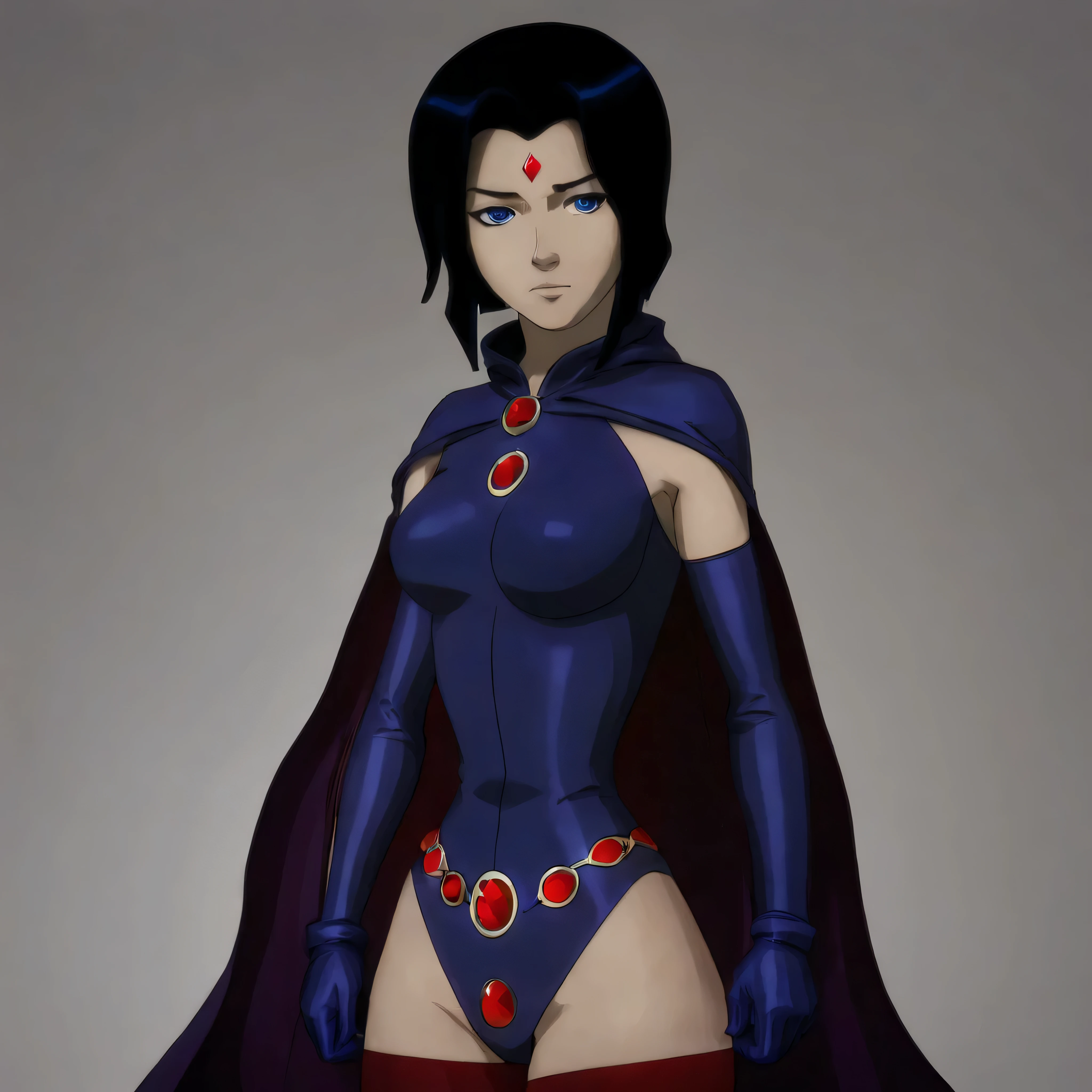 masterpiece,cartoon style,A woman with black hair wearing a suit with black, purple, and blue colors, along with a red jewel on her chest, stands with her hands on her hips. She is dressed in a superhero costume that includes a long-sleeved top, black gloves, a belt, and boots. Her attire features red accents, such as on the belt and jewel on her chest. The background of the image is white., photo-realistic, octane render, unreal engine, ultra-realistic