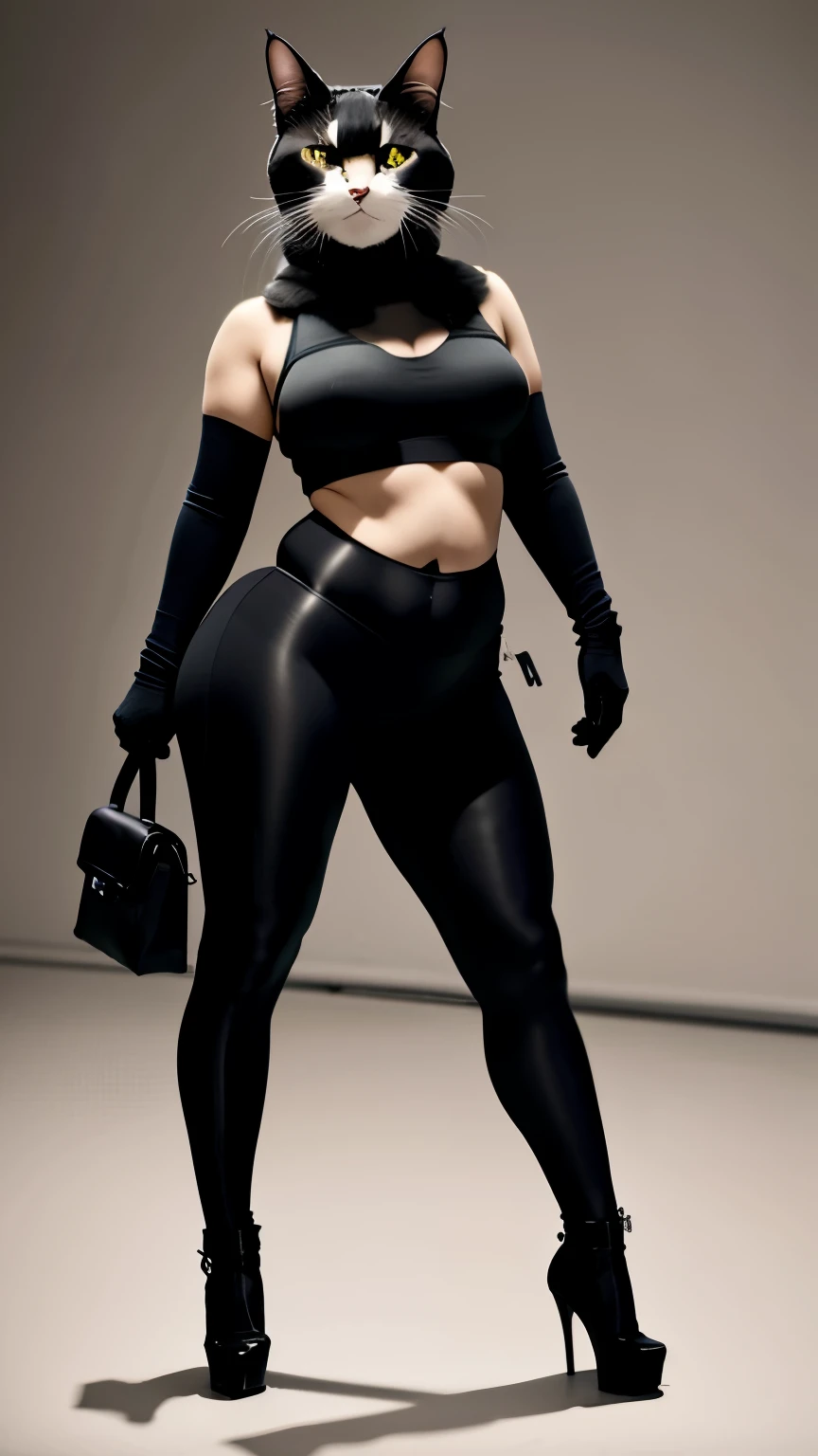(high quality), reality的な, reality的, (alone),
cat headを持つ神, cat head、The face is a cat、(excellent anatomy), (A masterpiece of good proportions, in the center, Chubby-chan、thick body、reality、professional photos、genuine、female body、tight suit、full body suit、tight long pants、gloves、Do not show bare skin、tail、thick body, big 、 big ass、big belly、thick thighs、full body portrait、high heels、full body portrait、stand on tiptoe、facing forward、model's stance、standing with legs apart、simple background、