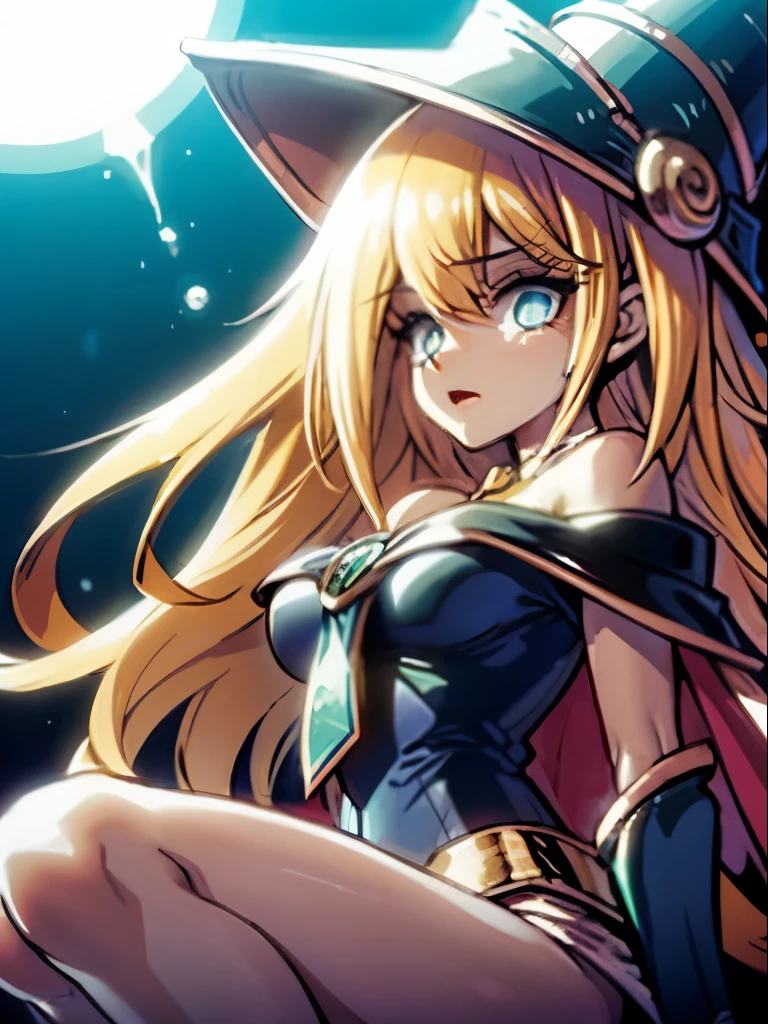 1girl, solamente,Lindo, Sensual, sentado sobre el agua, HMDMG1, Sombrero de mago, escote, hombros desnudos, vestido, fuera del hombro, magica, Mistro, particuls, corazones, amar,Molienda, Detalles altos, Arte digital, Obra maestra, ojos expresivos, papel tapiz, ojos expresivos,Lindo,hermosos ojos, Magia