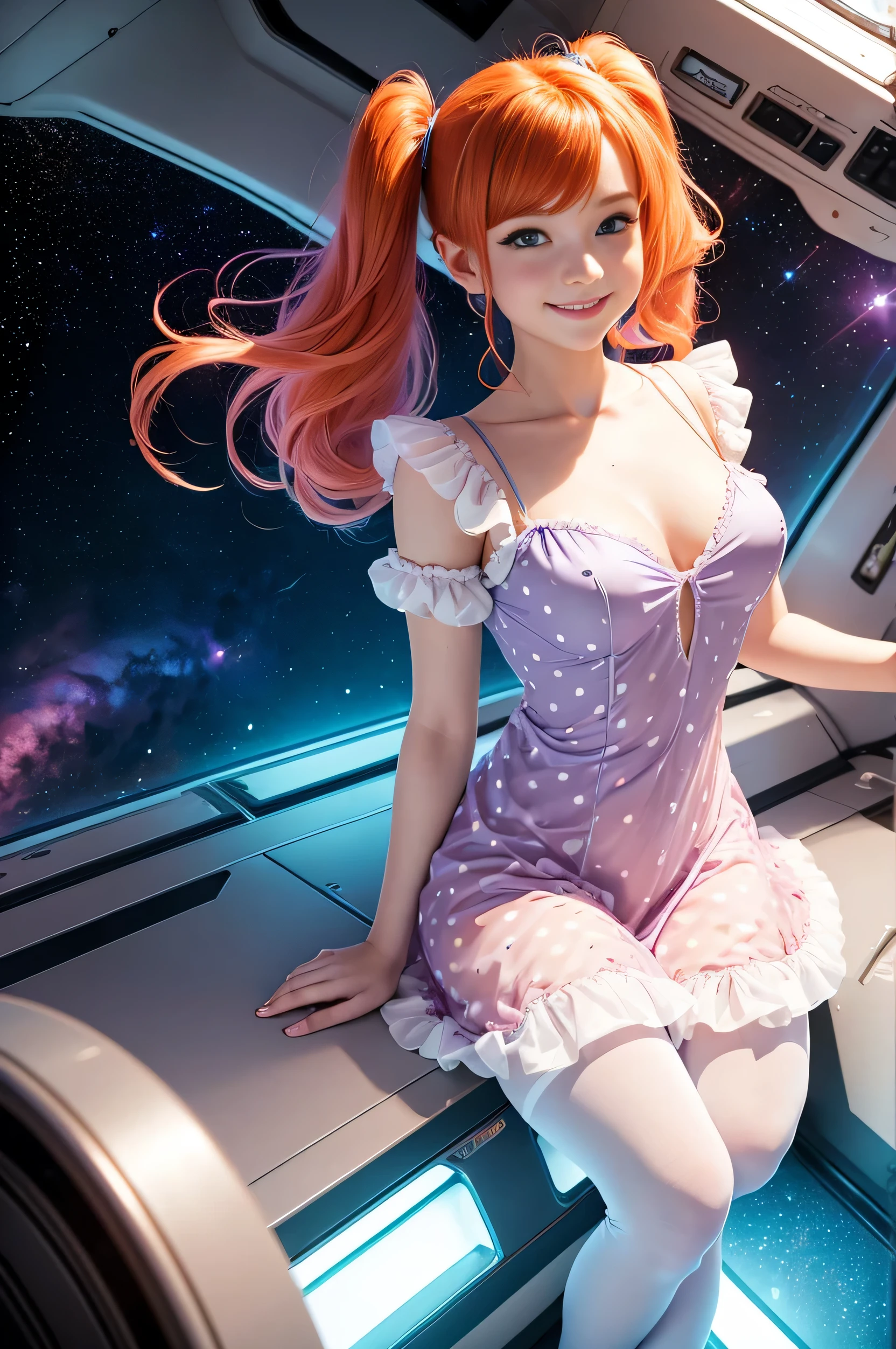 (overhead view) Cute redhead with rainbow colored hair tips, ribbons in her hair, 18-year-old woman, happy, smiling, in twin tails, perfect eyes, clear sparkling blue eyes, pale skin, silky smooth white skin, alabaster skin, flying a fancy metal luxurious space ship, futuristic cockpit, she's a pilot, outer space seen in windows, dark warm lighting, wearing a futuristic (chemise) party dress, low cut top, pleated (chemise) mini dress (pastel rainbow colors, and polka dots), puffy sleeves, ((also wearing pantyhose on her legs: 1.2)).