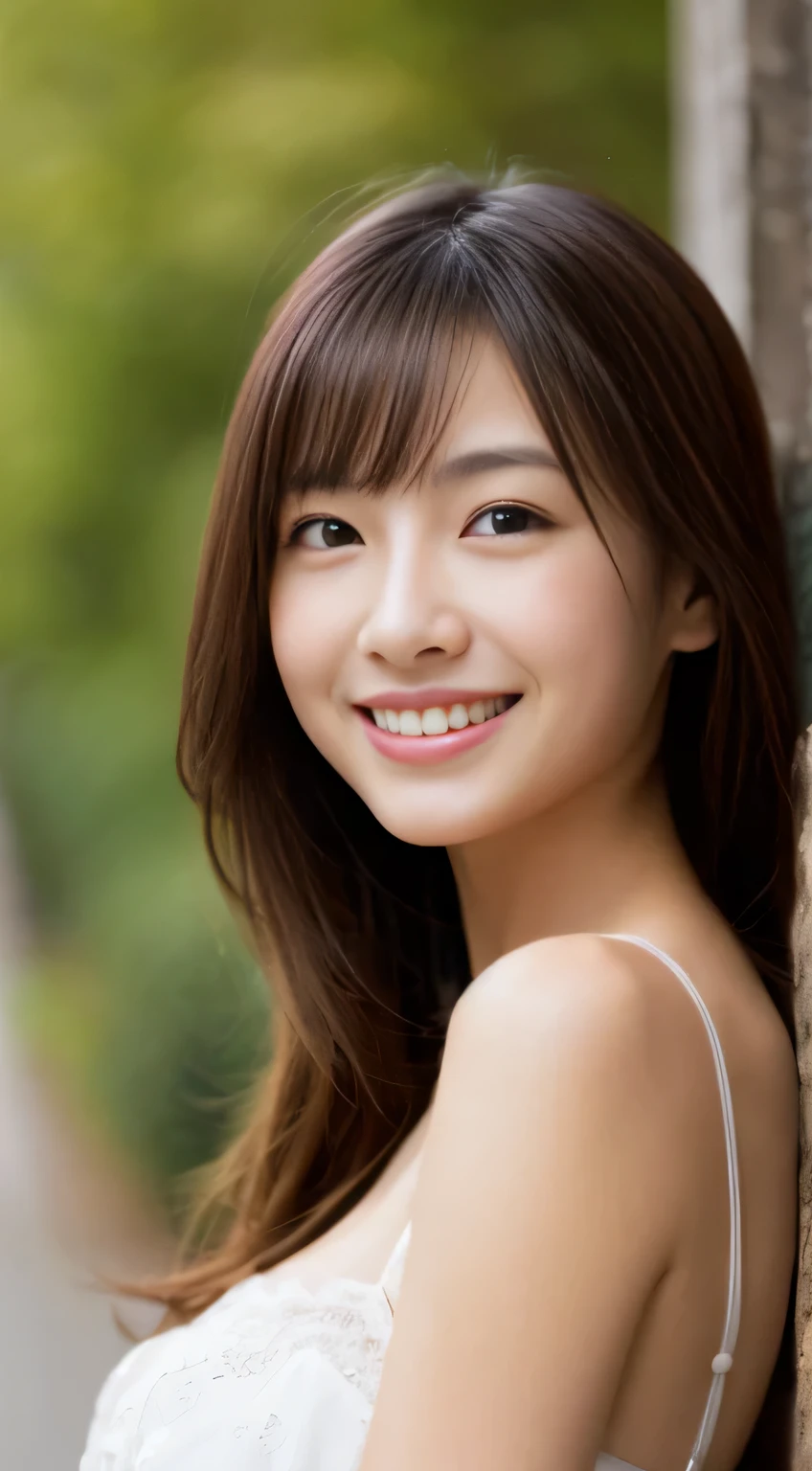Japanese ),((beautiful girl)),cleavage,An expression that imagines something pleasant:1.2,(perfect body beauty:1.2),((perfect body)),(shy smile),beautiful teeth,