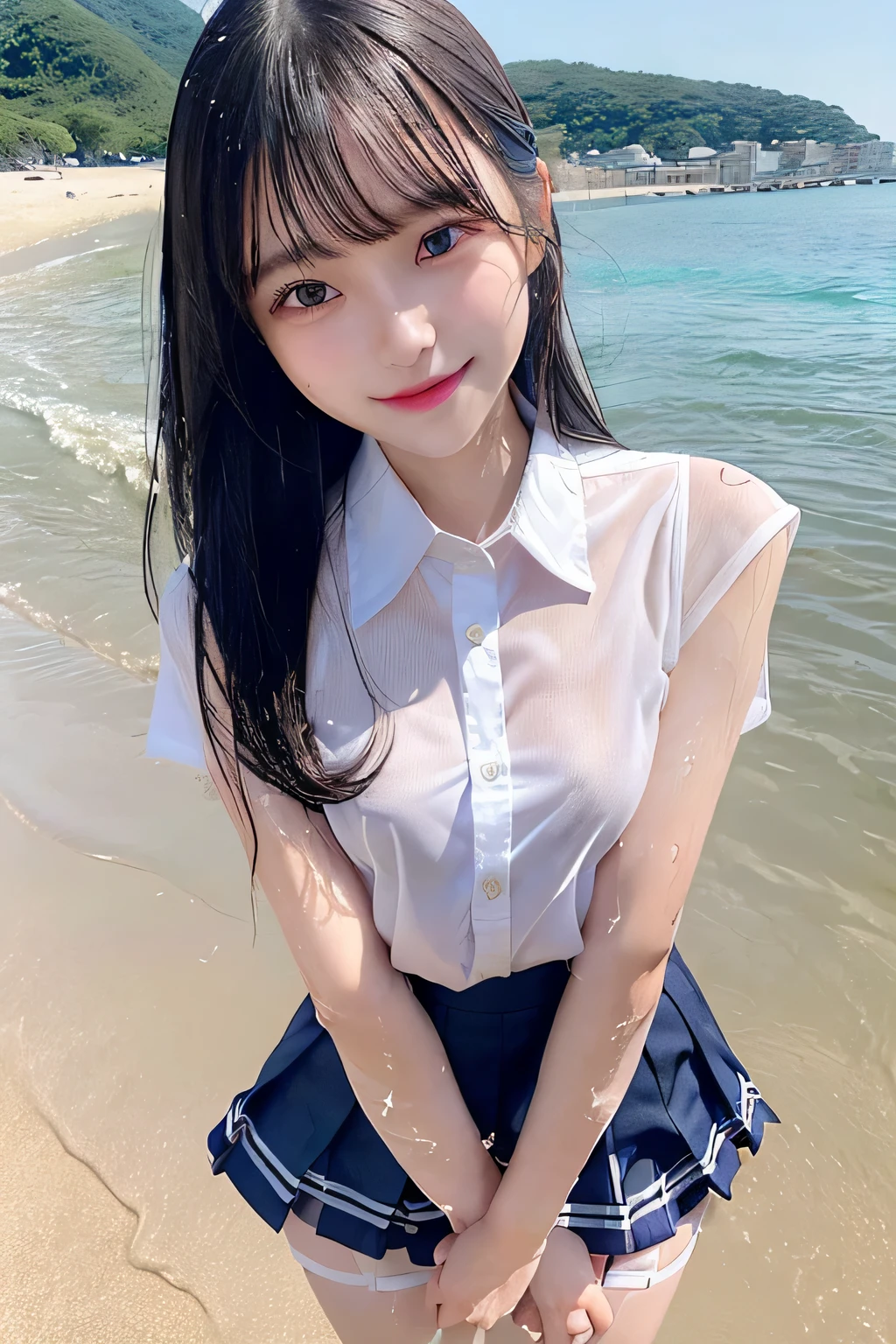 pieces fly、masterpiece、highest quality、Super detailed、High resolution、High resolution、8K portrait、Unity 8k壁紙のHigh resolutionCG、unity 8k wallpaper、cute:1.5、:1.5、Highly detailed CG unity 8k wallpaper、realistic、real person、 portrait photography、shiny skin、High resolution、(25 years old:1.2)、(1 girl)、beautiful clear eyes、very detailed explanation、delicate face、nice lips、slender body、thin waist、thin legs、(small breasts:1.4)、(school uniform:1.4)、(beach:1.2)、(pleated skirt:1.2)、(take a pose:1.2)、(collared shirt:1.4)、((wet with water:1.4))、(My underwear gets infected:1.4)、(big smile:1.3)