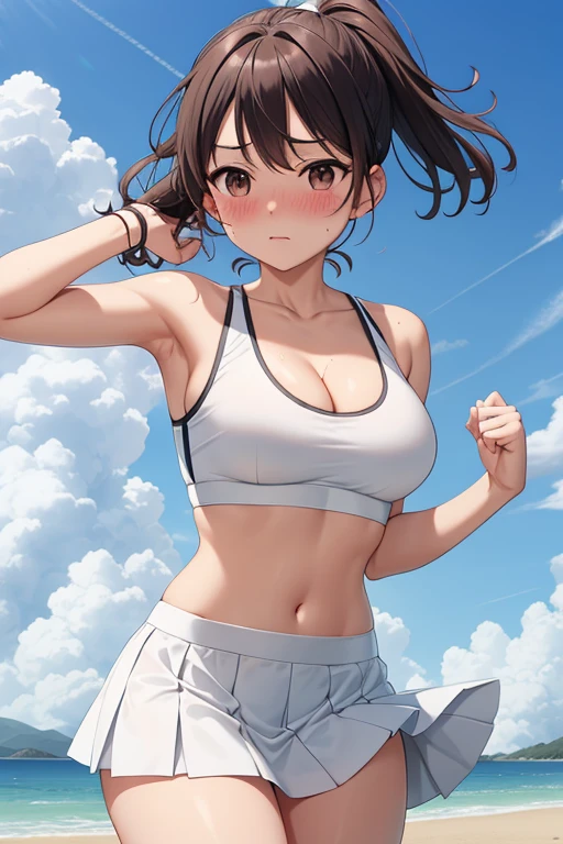 white sports bra, cleavage, mini skirt, wind blowing skirt, blush