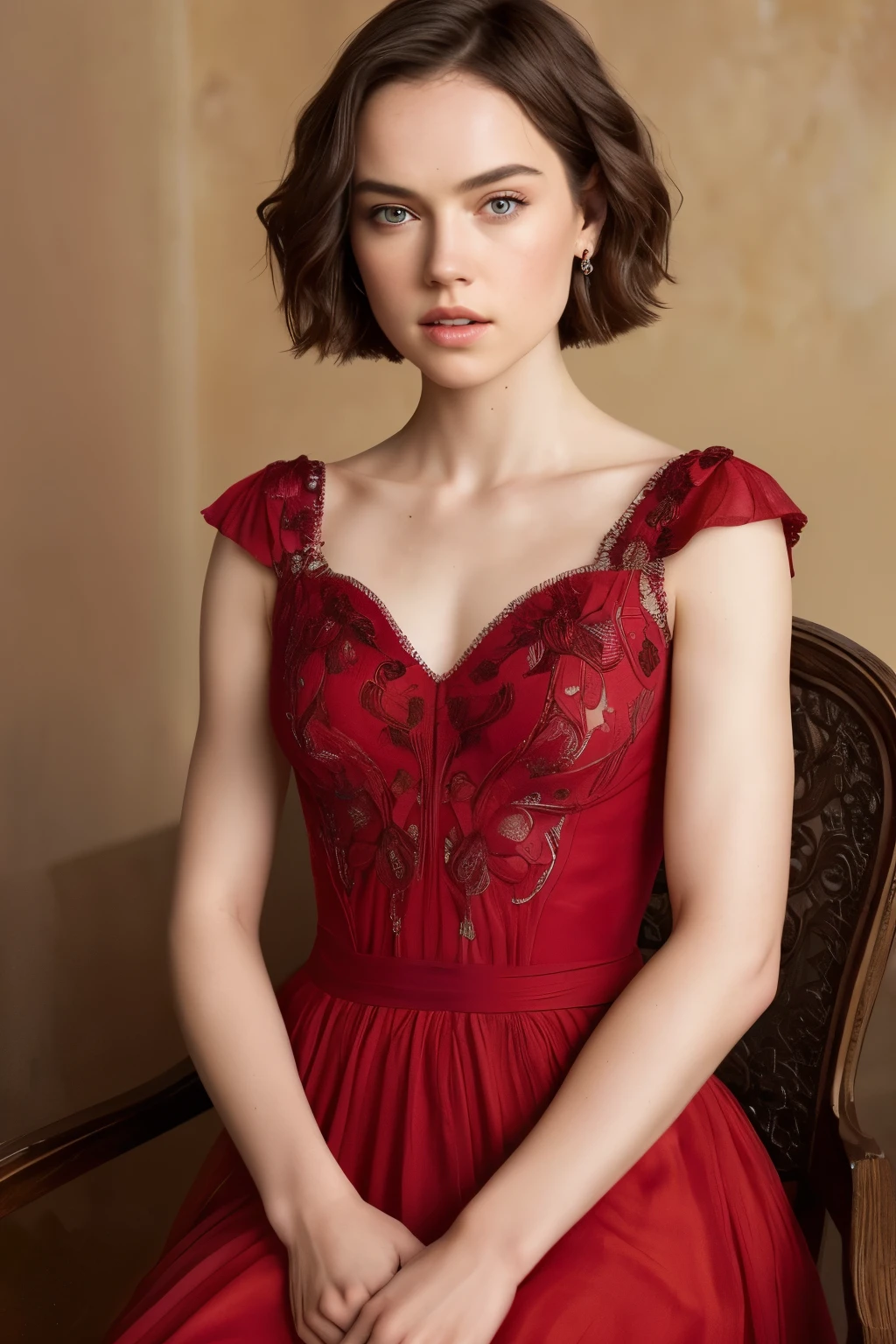 A woman with the captivating features of Daisy Ridley wears a vibrant red dress, elegantly posing for the camera in this imaginative scene. The rich, deep hue of the dress paints a striking contrast against her fair complexion and glowing skin. Her expressive eyes sparkle with life, adding intrigue to her alluring gaze. This high-definition portrait showcases the intricate textures of her dress, from the delicate daisy patterns to the smooth, silky fabric. The subtle sheen on the dress catches the light, highlighting the precise stitching and intricate details. The woman's elegantly messy waves cascade down her shoulders, fr