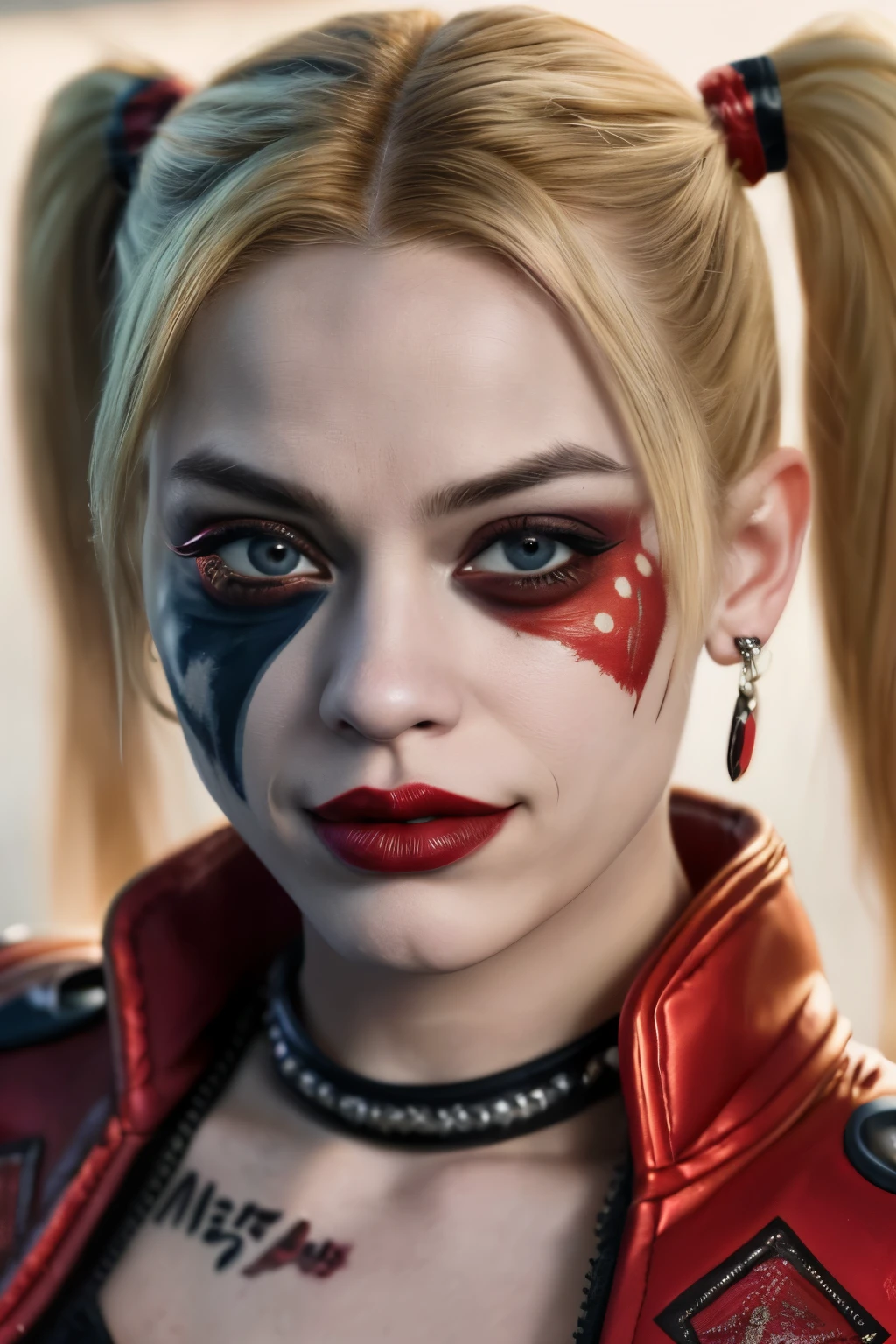 In this intricately detailed and photorealistic image,Harley Quinn, the iconic anti-heroine, faces the camera with a captivating expression, her intense gaze locked onto the lens. The high contrast and incredible range of radiant colors bring her vibrant red and black suit to life, each stitch and texture visible in 8k resolution. Deadshot, her intriguing counterpart, watches on from the background with his piercing eyes and sharp focus, the shadows playing on his face highlighting the intricate details of his features. Every pore on their skin, every line in their costumes, and every gleam in their eyes are rendered with remarkably high definition, transporting viewers into the