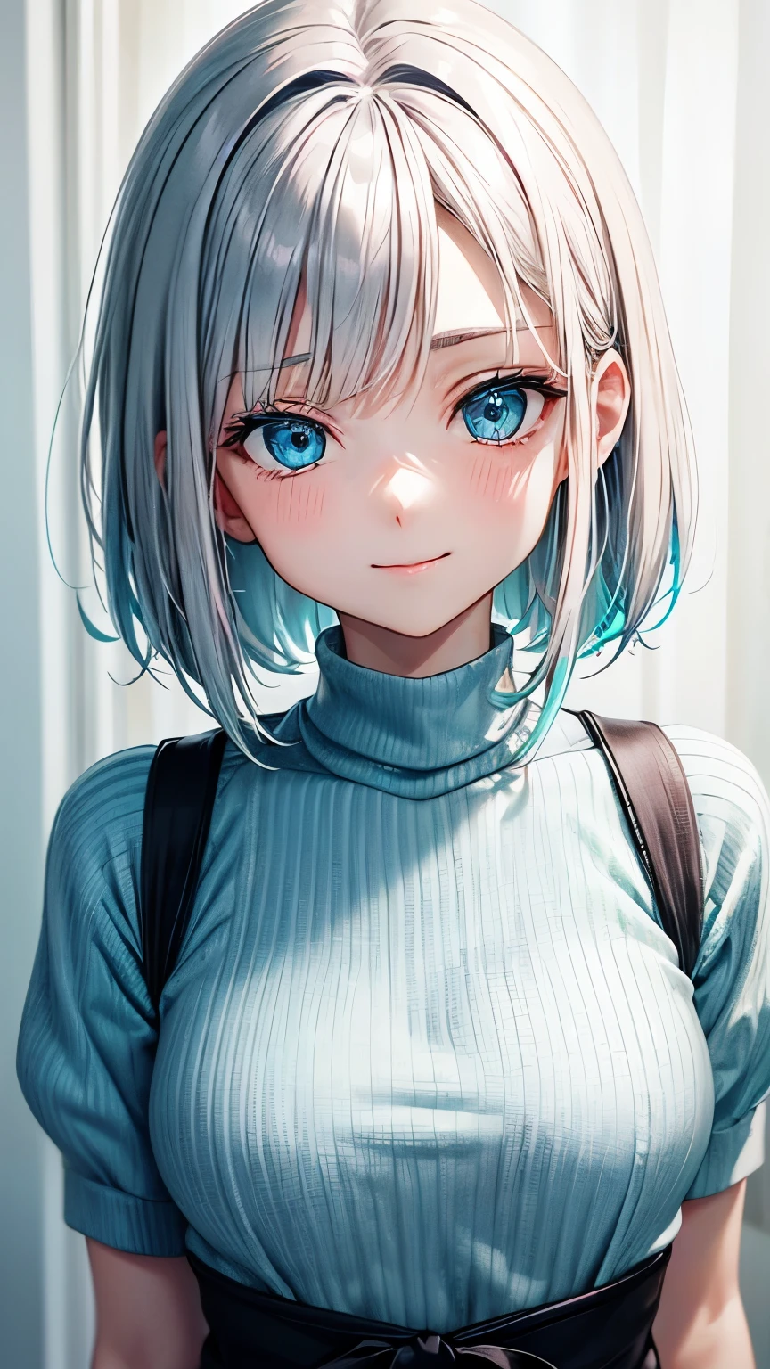 35 years old Japanese tidy lady ((small breast, very slender)), silver ponytail((short hair)), ((cyan highlights shaggy forelock, various colors highlights )), BREAK, knit dress ((pale pink, pale cyan)), tidy and eloquent face, dynamic pose, peeking over someone’s shoulder pose, friendly and beautiful smile, big droopy eyes (( shiny blue eye, shiny pale blue eye, heterochromia)), eyelashes, small mole under left eye, BREAK, tidy and pleasant atmosphere,((face focus))