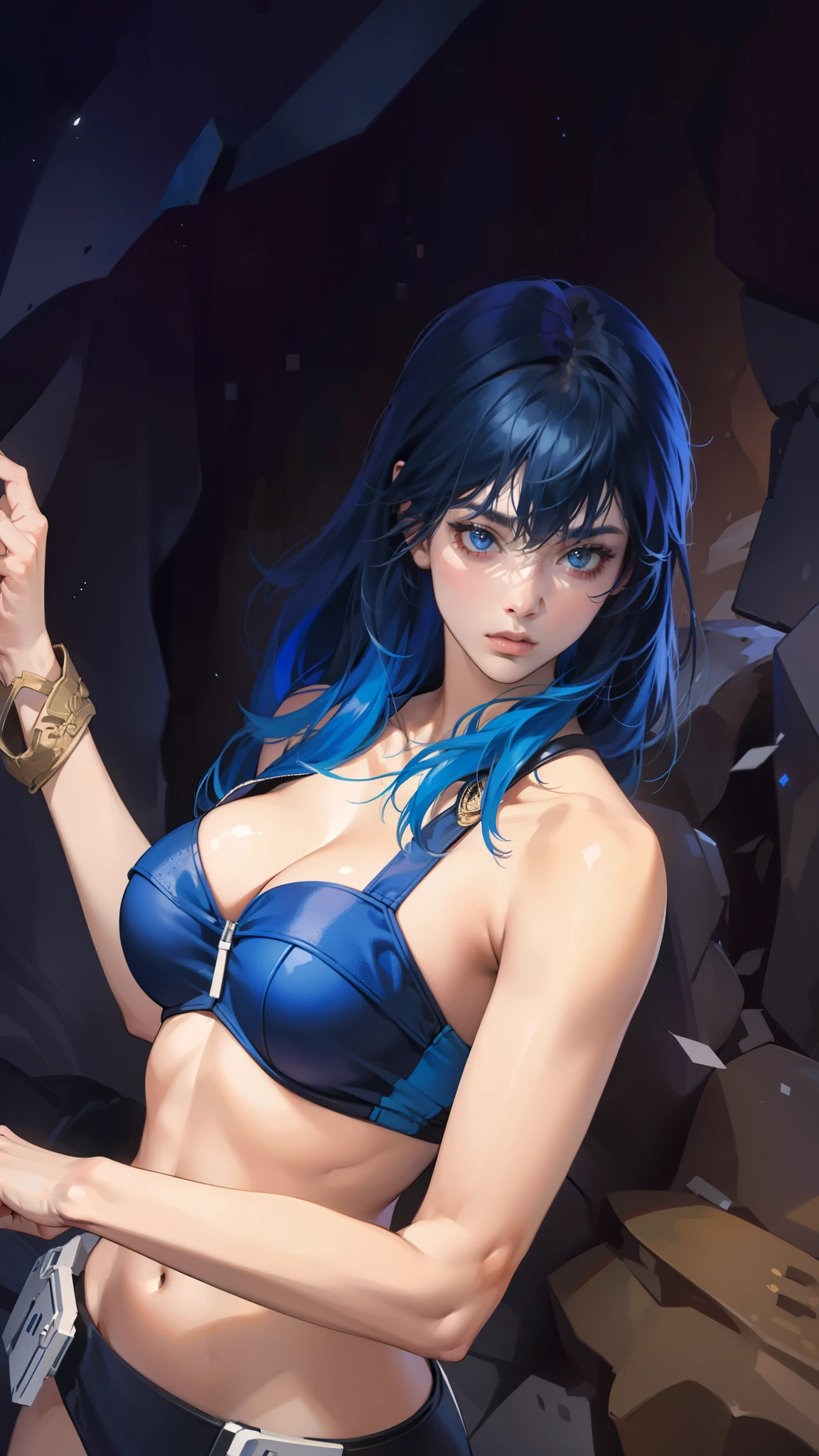 Masterpiece, high quality, best quality, HD, realistic, perfect lighting, detailed body, 1 girl, dark blue hair, face expression, black military suit, in the cave, Big breasts 