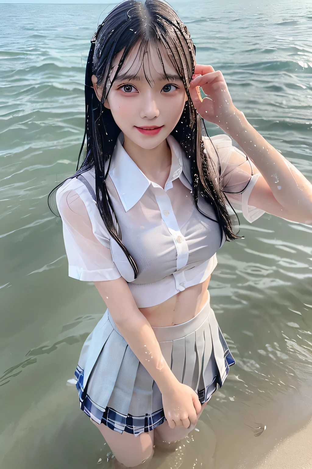 pieces fly、masterpiece、highest quality、Super detailed、High resolution、High resolution、8K portrait、Unity 8k壁紙のHigh resolutionCG、unity 8k wallpaper、cute:1.5、:1.5、Highly detailed CG unity 8k wallpaper、realistic、real person、 portrait photography、shiny skin、High resolution、(25 years old:1.2)、(1 girl)、beautiful clear eyes、very detailed explanation、delicate face、nice lips、slender body、thin waist、thin legs、(small breasts:1.6)、、(school uniform:1.2)、(beach:1.2)、(pleated skirt:1.2)、(take a pose:1.2)、(collared shirt:1.4)、((wet with water:1.5))、(good that shows through clothing:1.5)、((good))、(big smile:1.3)