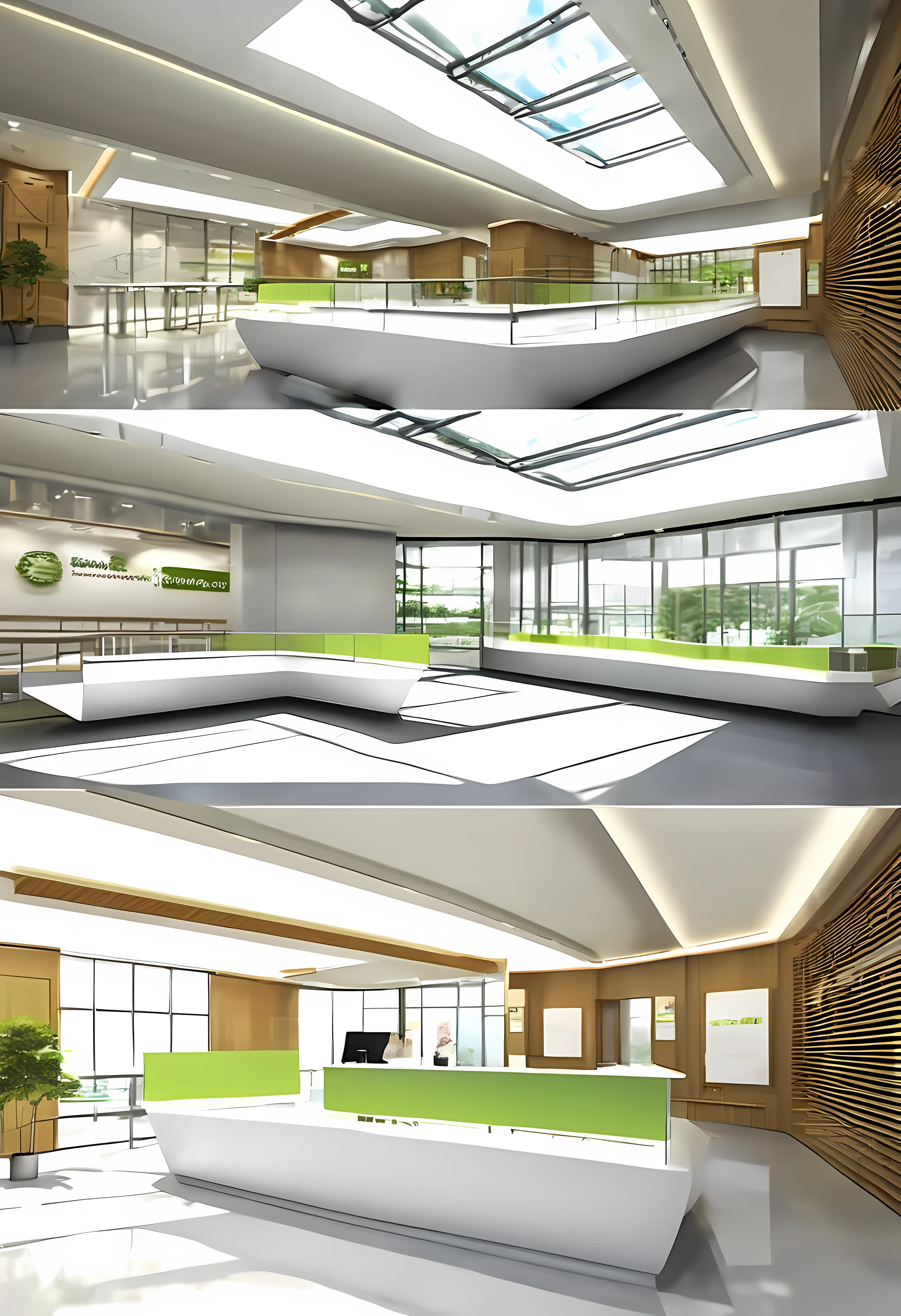You are a senior public space designer，Design AAA Visitor Reception Center，Indoor floors are higher，The roof has skylights，Sunlight can shine into the room through the skylight。best quality，High accuracy，high resolution，style Japanese style，Space layout includes ticket window、reception desk、Lounge area。The space opens brightly。The light is cool white light。Partly with glass partitions，The color tone is mainly white，The picture is presented in 3D MAX rendering.
