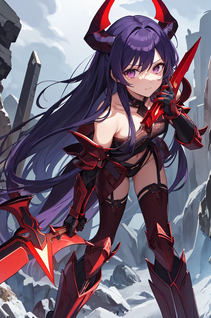 high quality，4k HD，detailed，high-resolution，black cloak，Long dark blue-purple hair，tube top，bare navel，bright purple eyes，Royal sister，Holding a red knife，hot pants，short shorts，high-heel boots，Standing on the cliff of Huangquan，Surrounded by bloody flowers from the other side，eyes cold，Thunder and lightning surround，The environment is gloomy，The light and shadow are delicate，Overall dark tone，The environment is dark，There are two red horns on the head that stick out forward.，With red shoulder armor，Red gauntlets，Red armor on the knees，Armor has sharp edges and corners，The expression is grim，